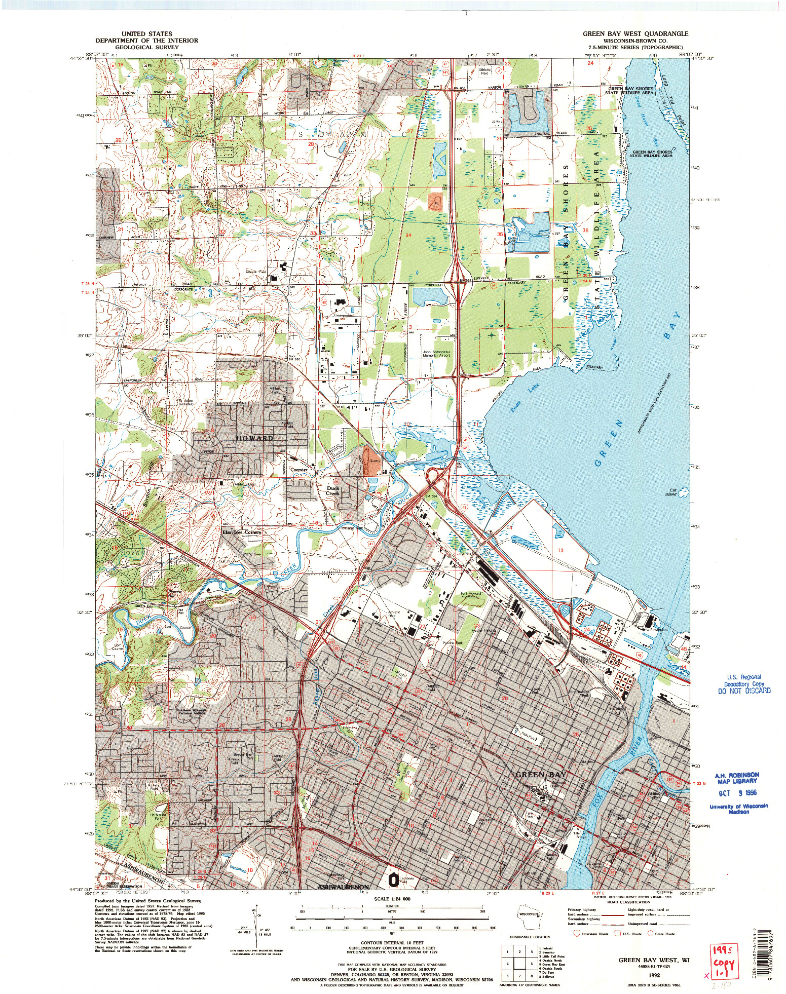 USGS 1:24000-SCALE QUADRANGLE FOR GREEN BAY WEST, WI 1992