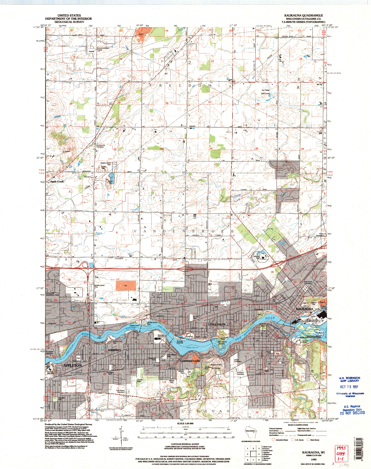 USGS 1:24000-SCALE QUADRANGLE FOR KAUKAUNA, WI 1992