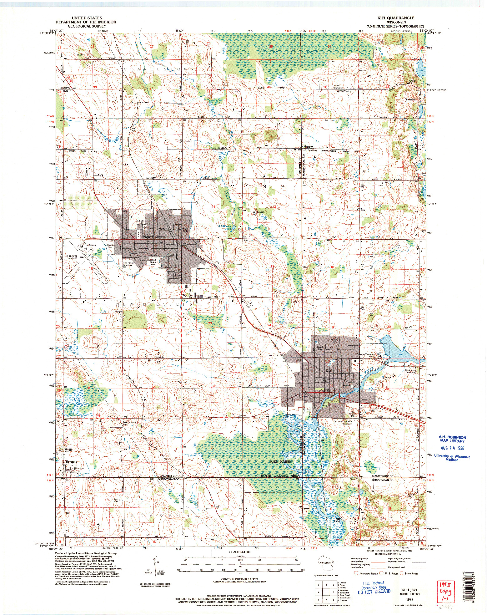 USGS 1:24000-SCALE QUADRANGLE FOR KIEL, WI 1992
