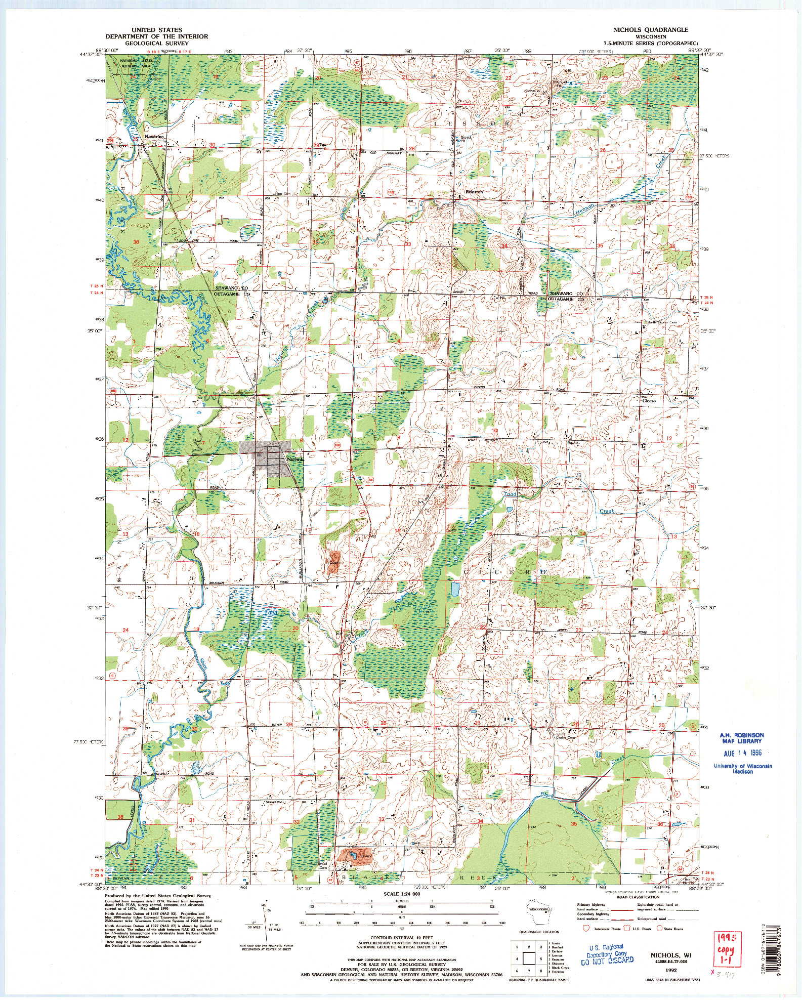 USGS 1:24000-SCALE QUADRANGLE FOR NICHOLS, WI 1992