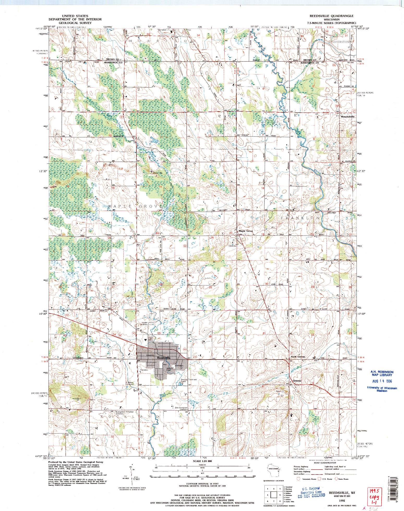 USGS 1:24000-SCALE QUADRANGLE FOR REEDSVILLE, WI 1992
