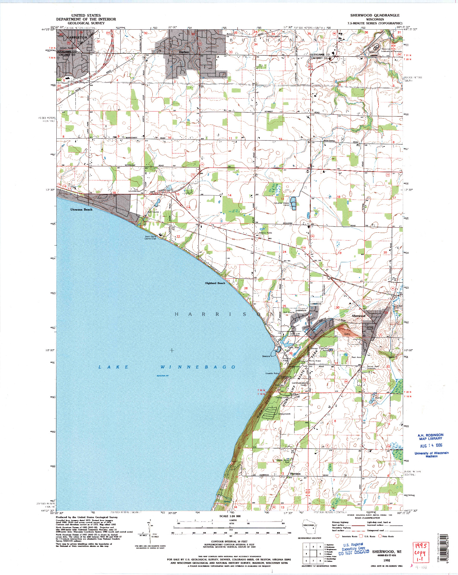 USGS 1:24000-SCALE QUADRANGLE FOR SHERWOOD, WI 1992
