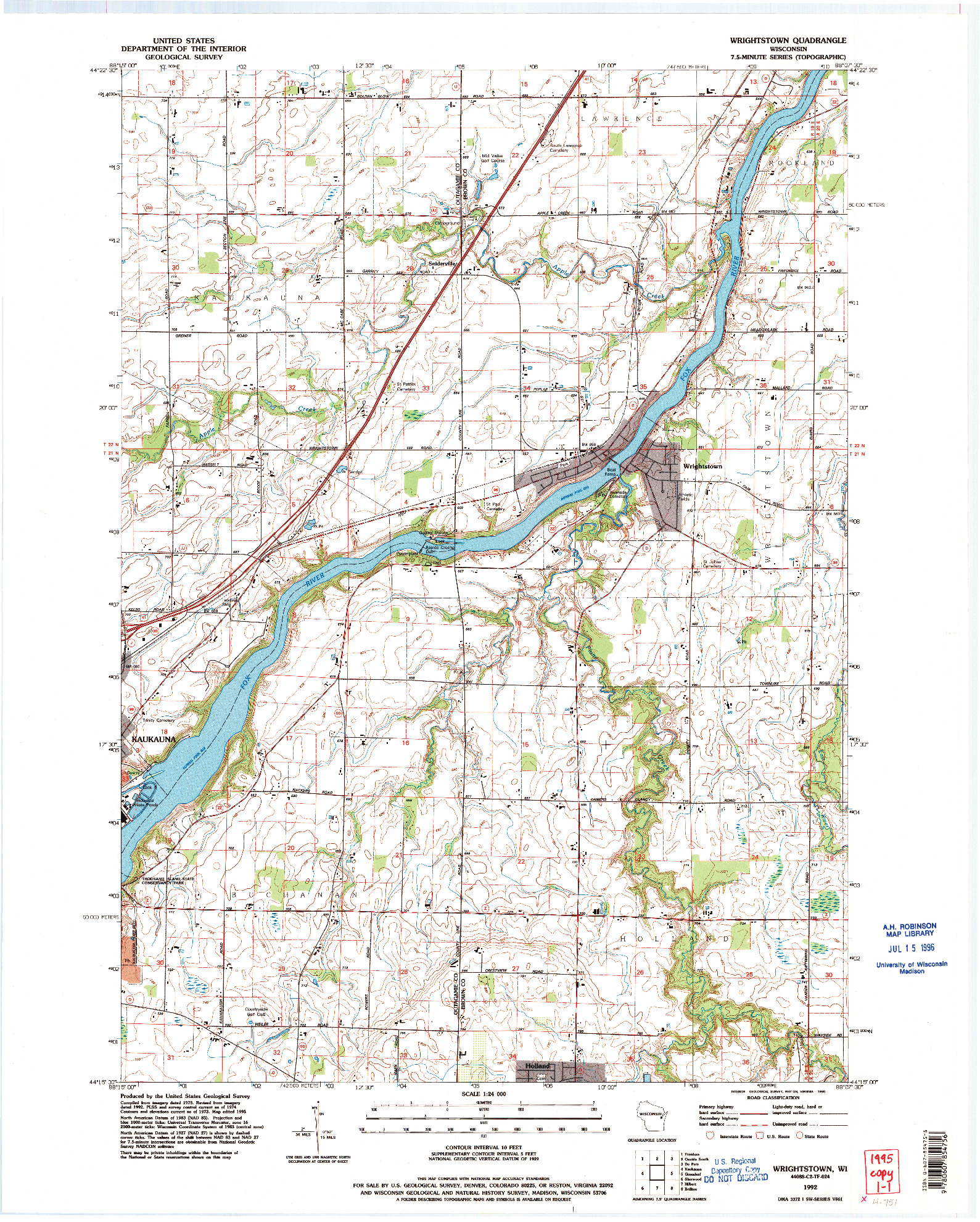 USGS 1:24000-SCALE QUADRANGLE FOR WRIGHTSTOWN, WI 1992