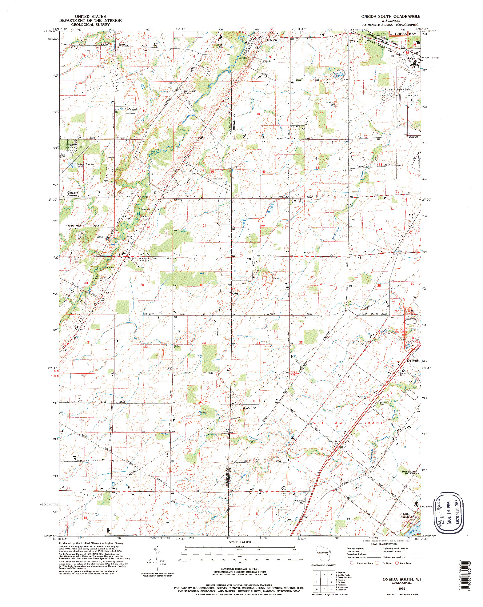 USGS 1:24000-SCALE QUADRANGLE FOR ONEIDA SOUTH, WI 1992