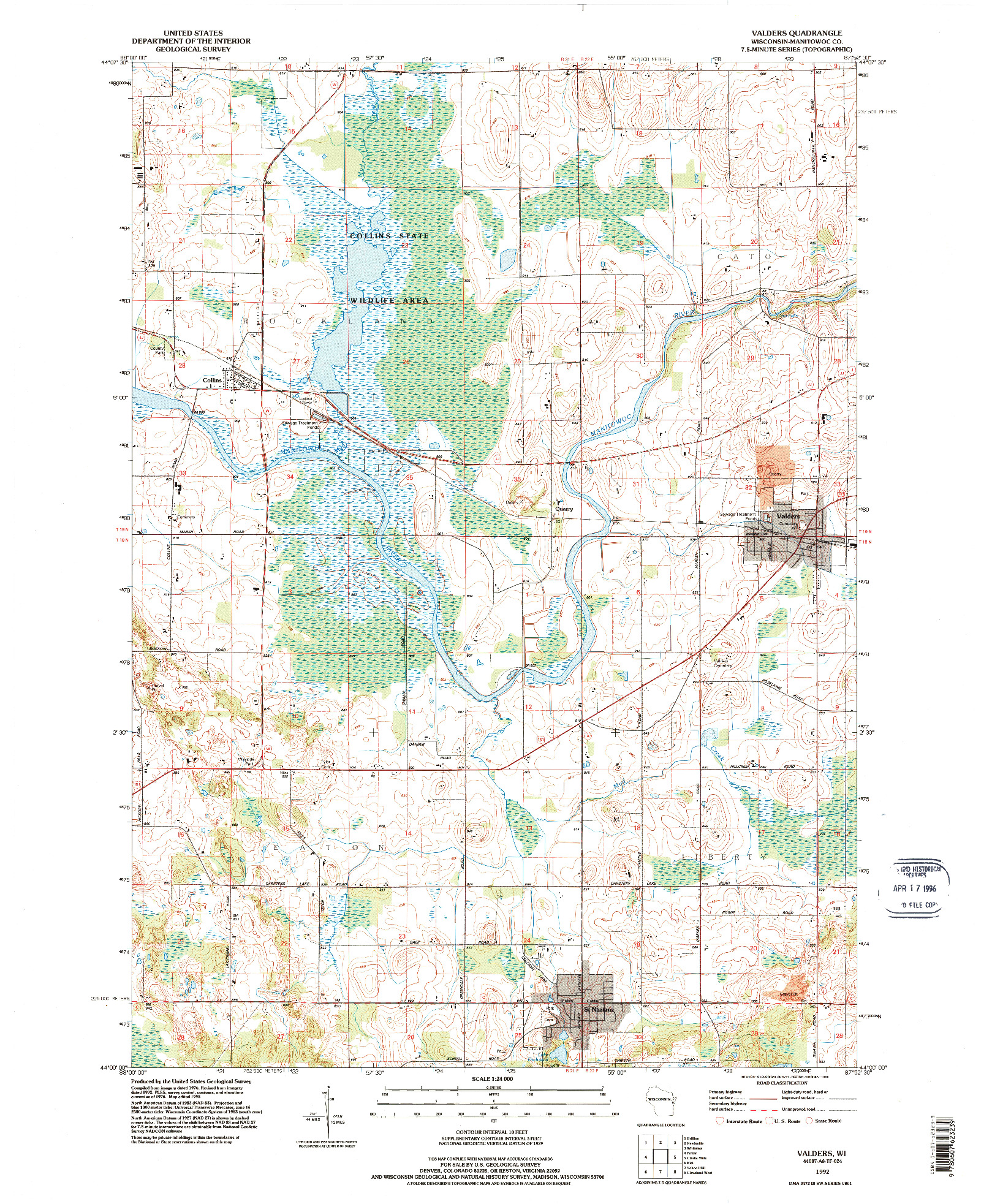 USGS 1:24000-SCALE QUADRANGLE FOR VALDERS, WI 1992