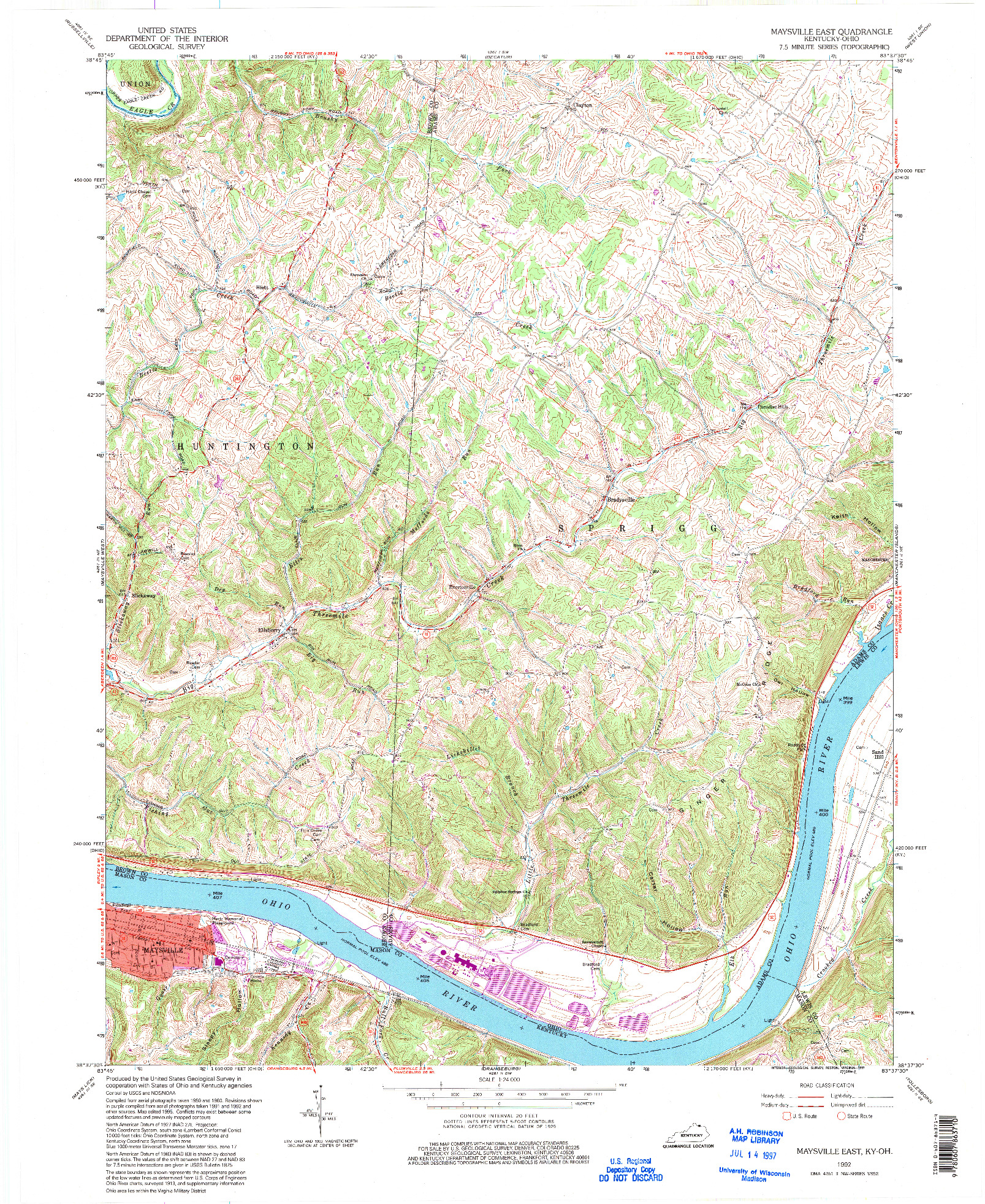 USGS 1:24000-SCALE QUADRANGLE FOR MAYSVILLE EAST, KY 1992