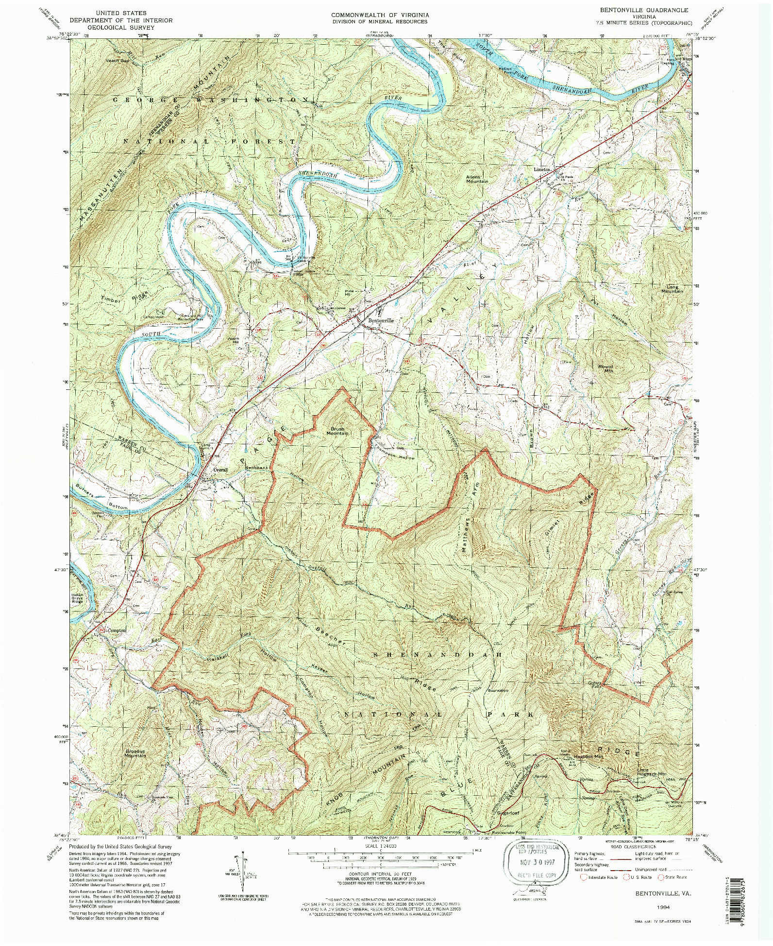 USGS 1:24000-SCALE QUADRANGLE FOR BENTONVILLE, VA 1994