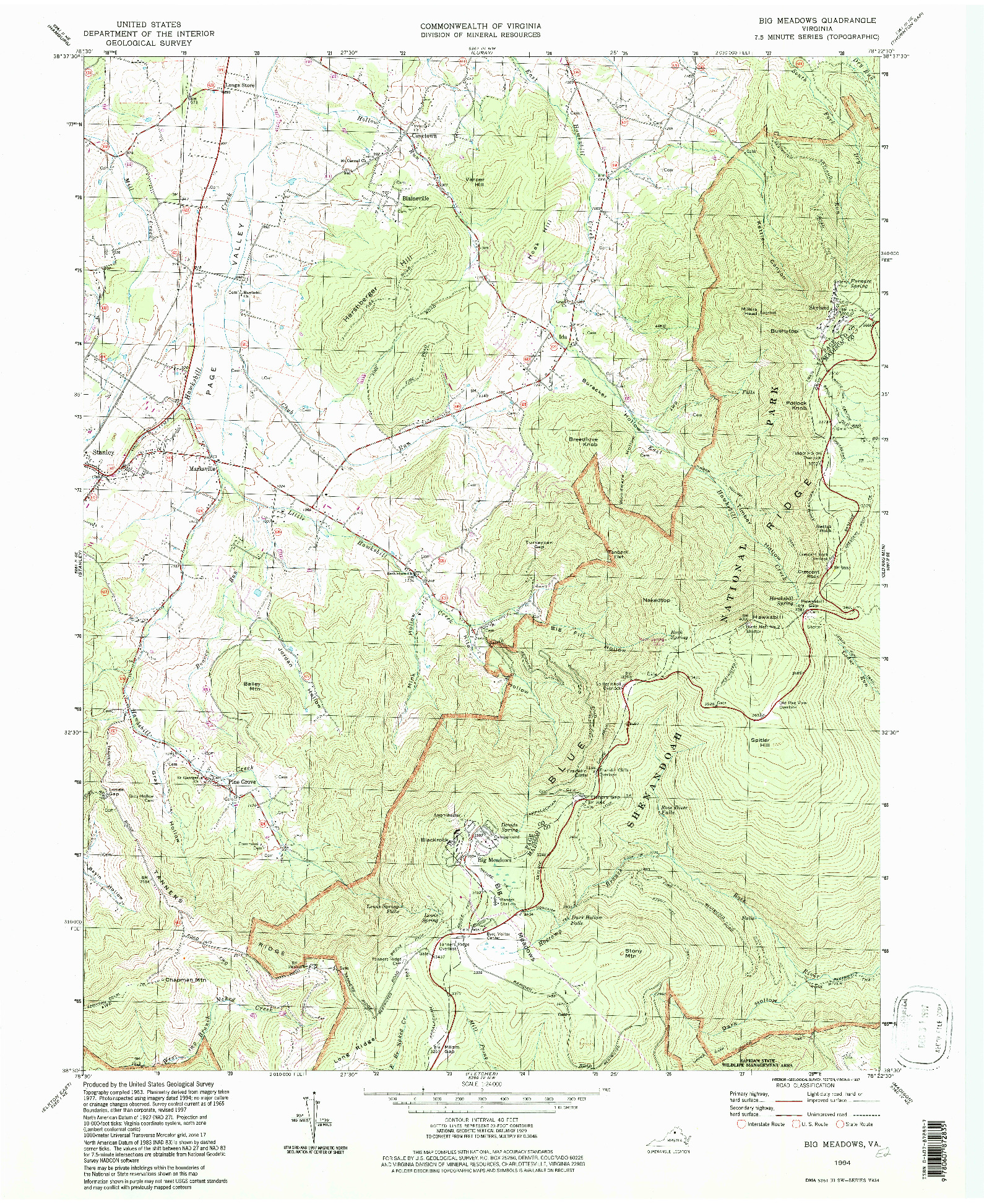 USGS 1:24000-SCALE QUADRANGLE FOR BIG MEADOWS, VA 1994
