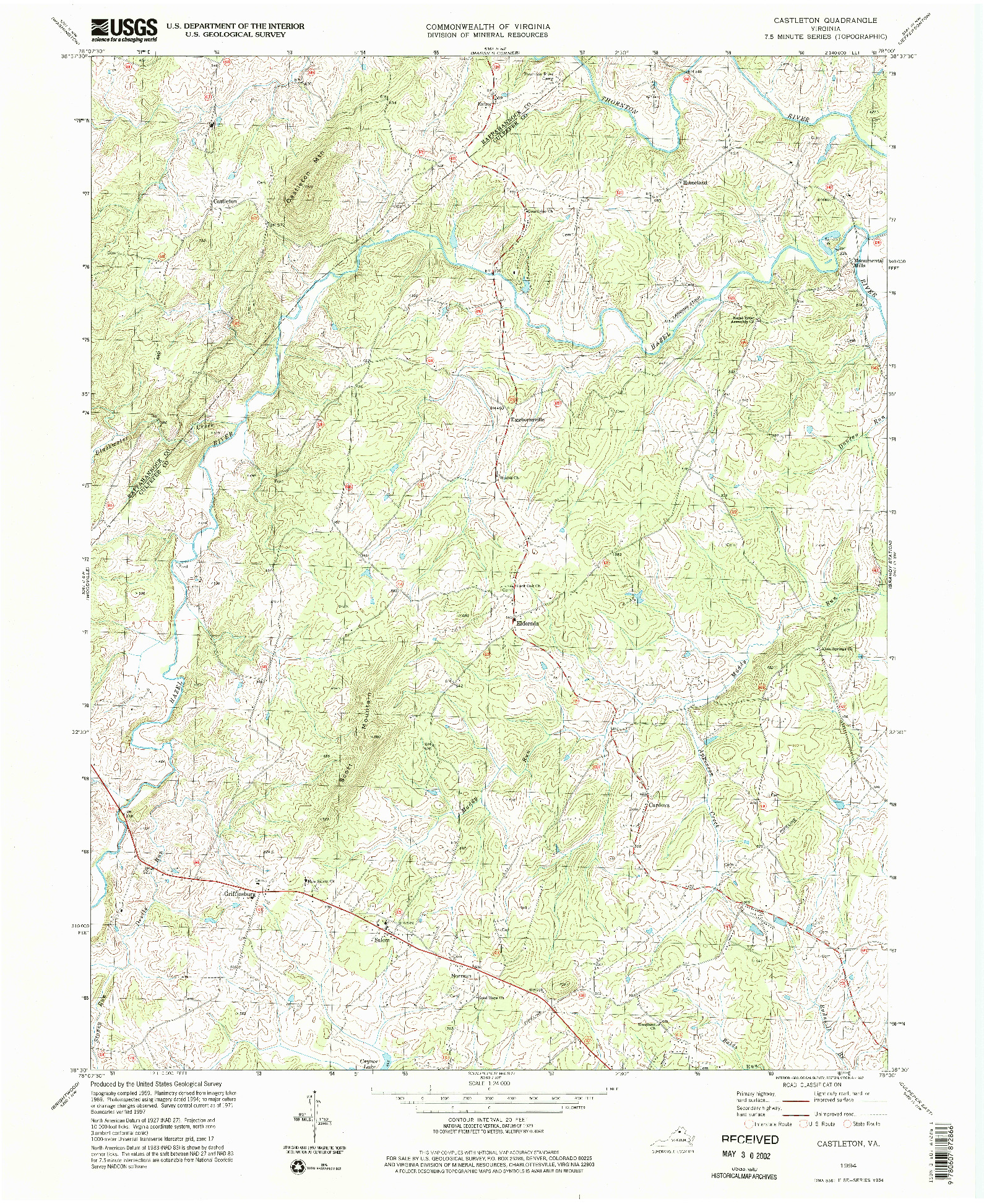 USGS 1:24000-SCALE QUADRANGLE FOR CASTLETON, VA 1994