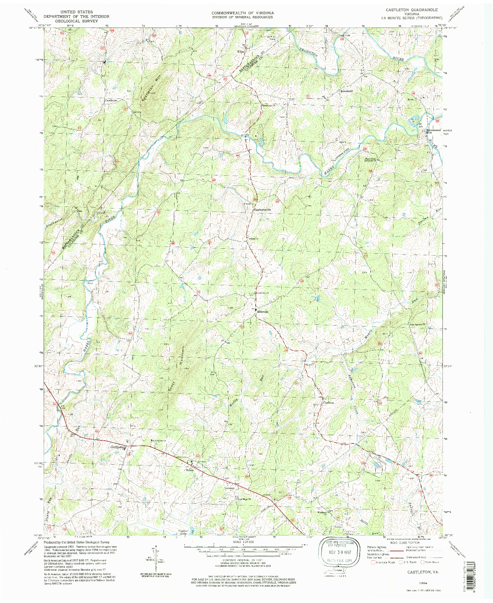 USGS 1:24000-SCALE QUADRANGLE FOR CASTLETON, VA 1994