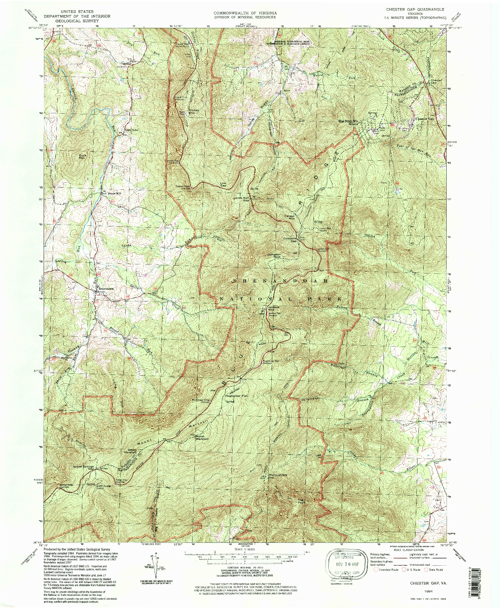 USGS 1:24000-SCALE QUADRANGLE FOR CHESTER GAP, VA 1994