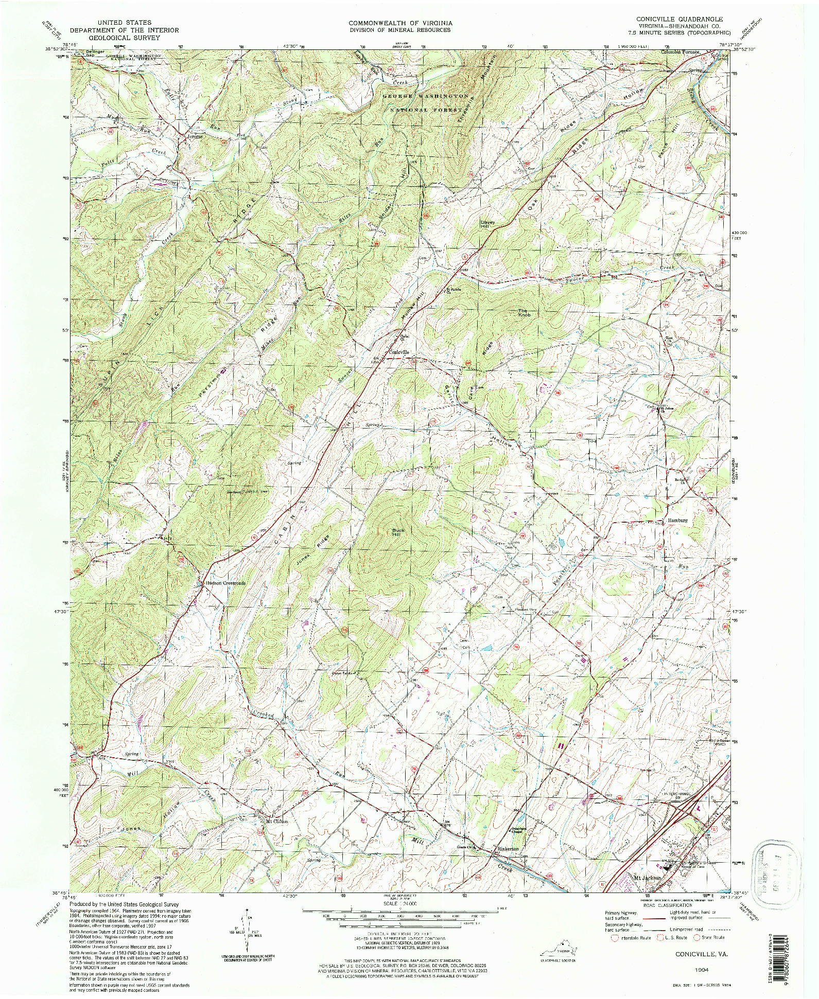 USGS 1:24000-SCALE QUADRANGLE FOR CONICVILLE, VA 1994