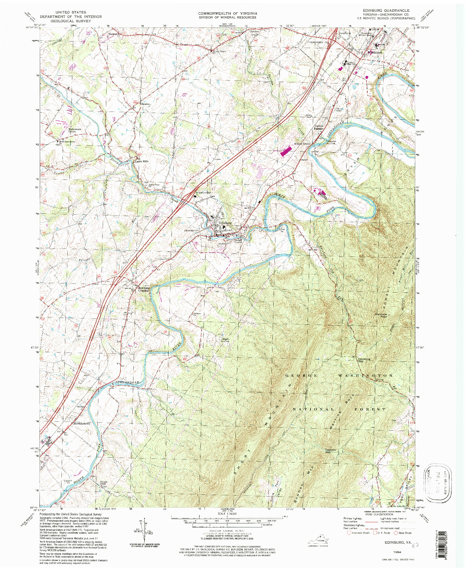 USGS 1:24000-SCALE QUADRANGLE FOR EDINBURG, VA 1994