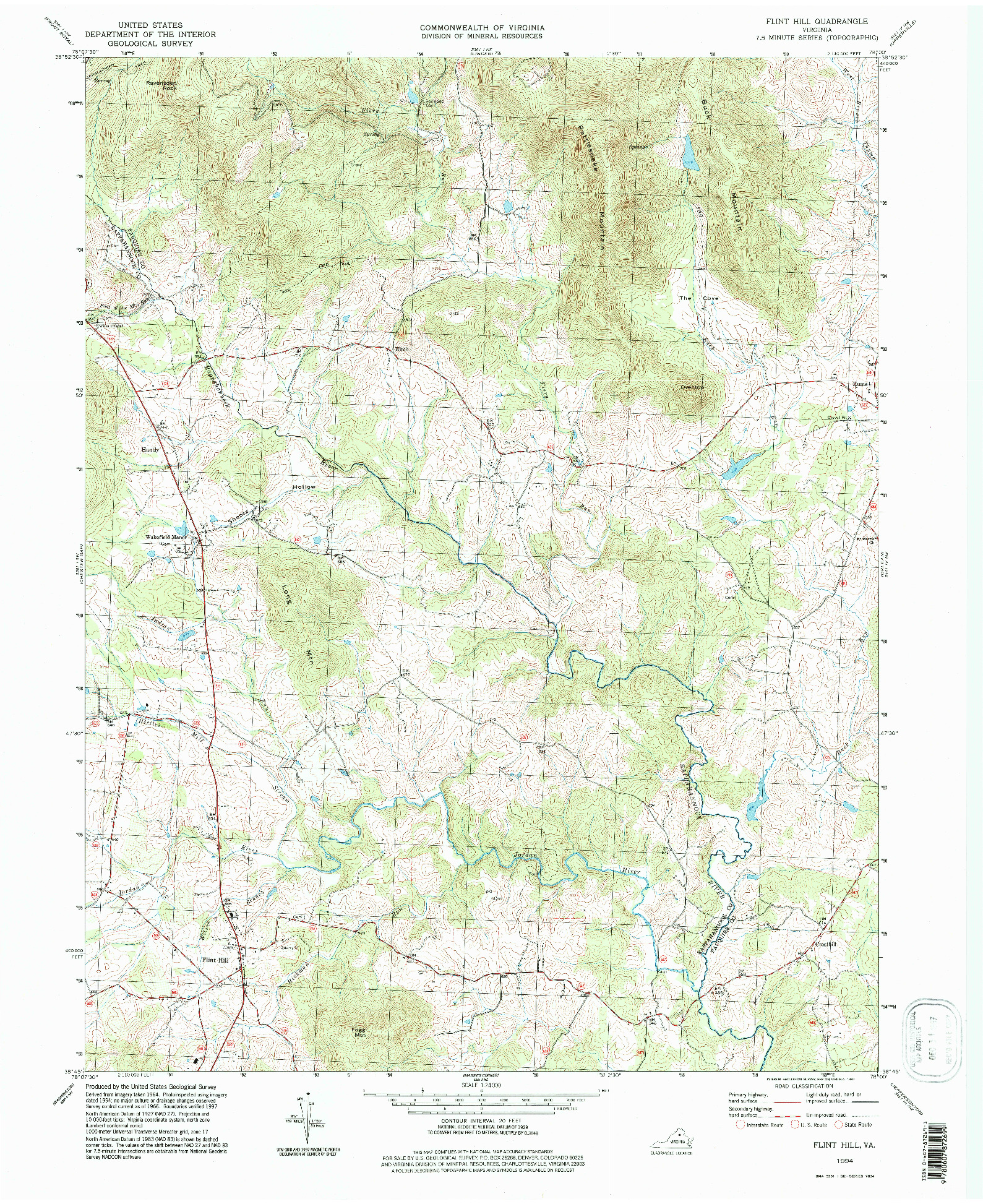 USGS 1:24000-SCALE QUADRANGLE FOR FLINT HILL, VA 1994