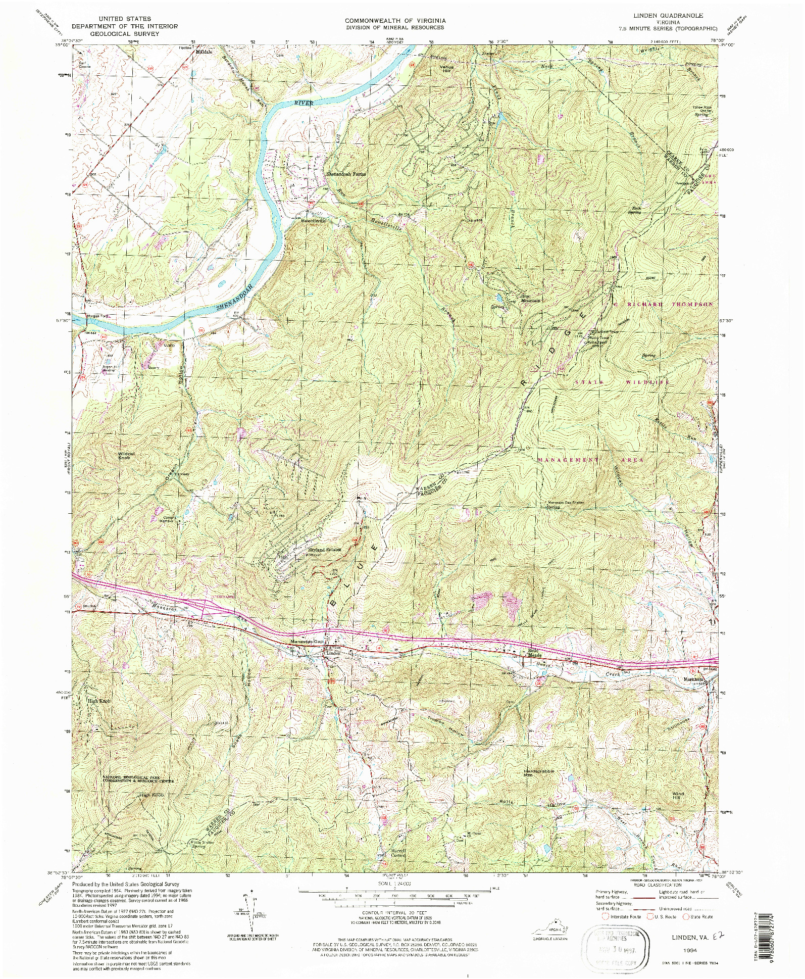 USGS 1:24000-SCALE QUADRANGLE FOR LINDEN, VA 1994