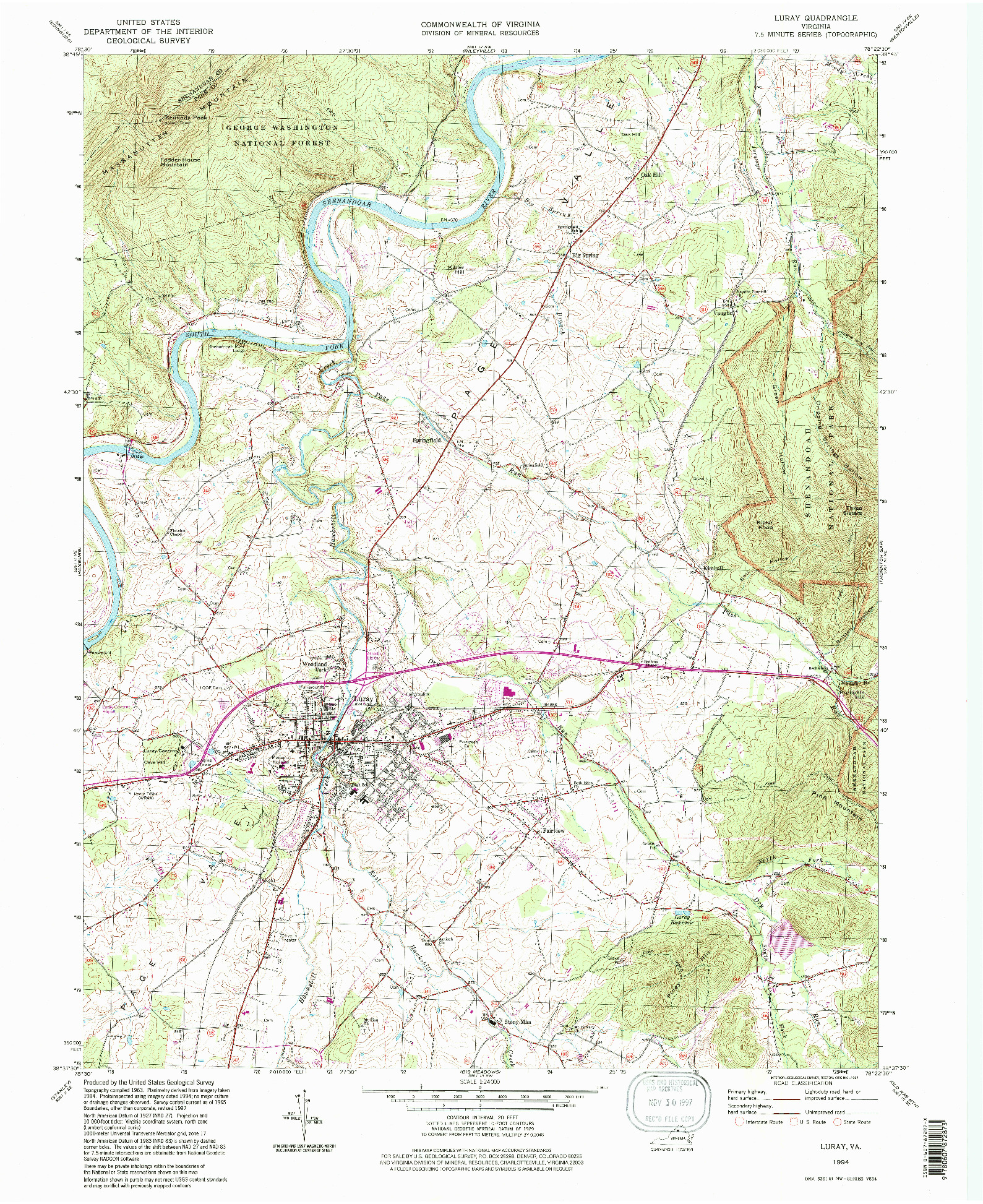 USGS 1:24000-SCALE QUADRANGLE FOR LURAY, VA 1994
