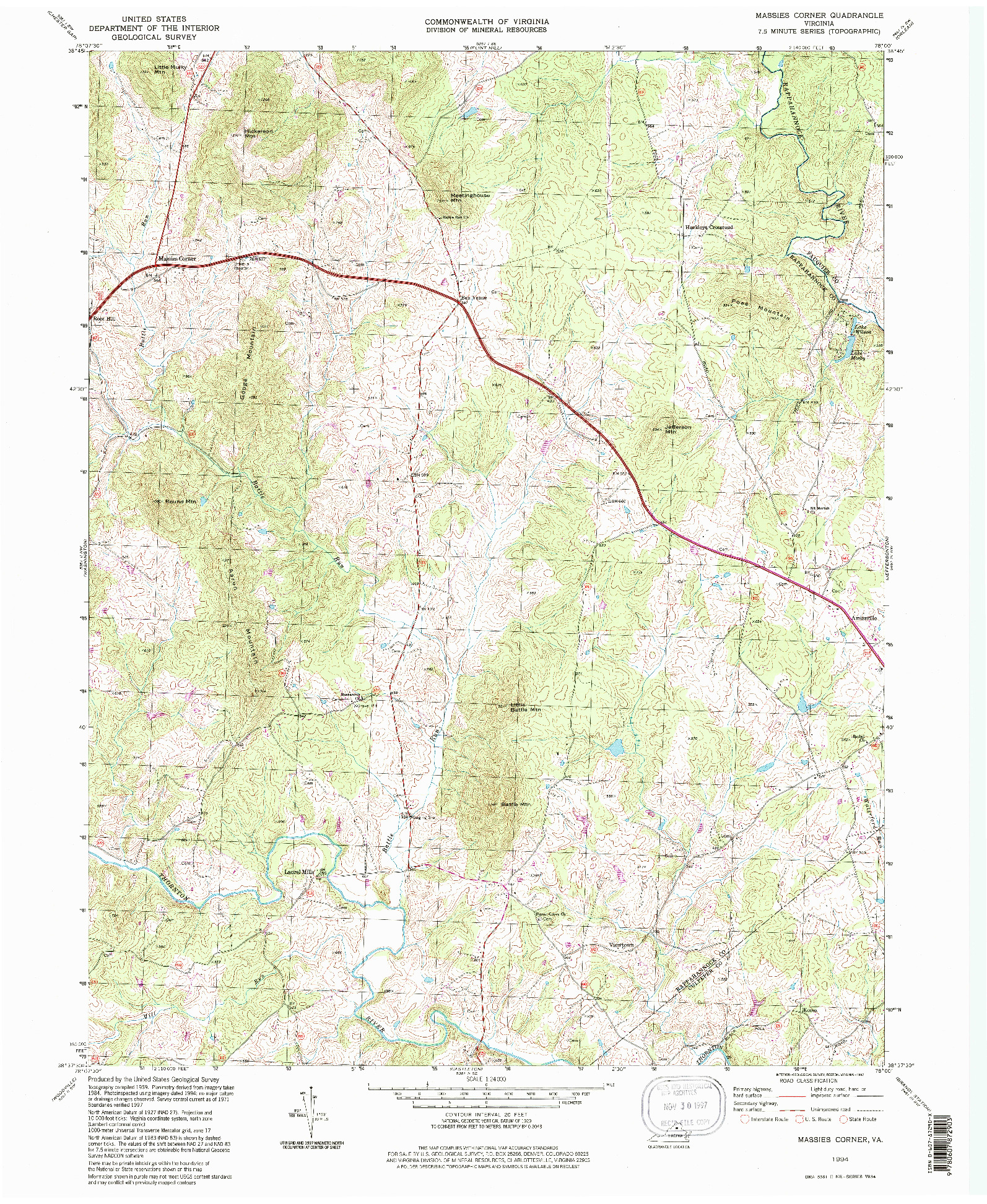 USGS 1:24000-SCALE QUADRANGLE FOR MASSIES CORNER, VA 1994