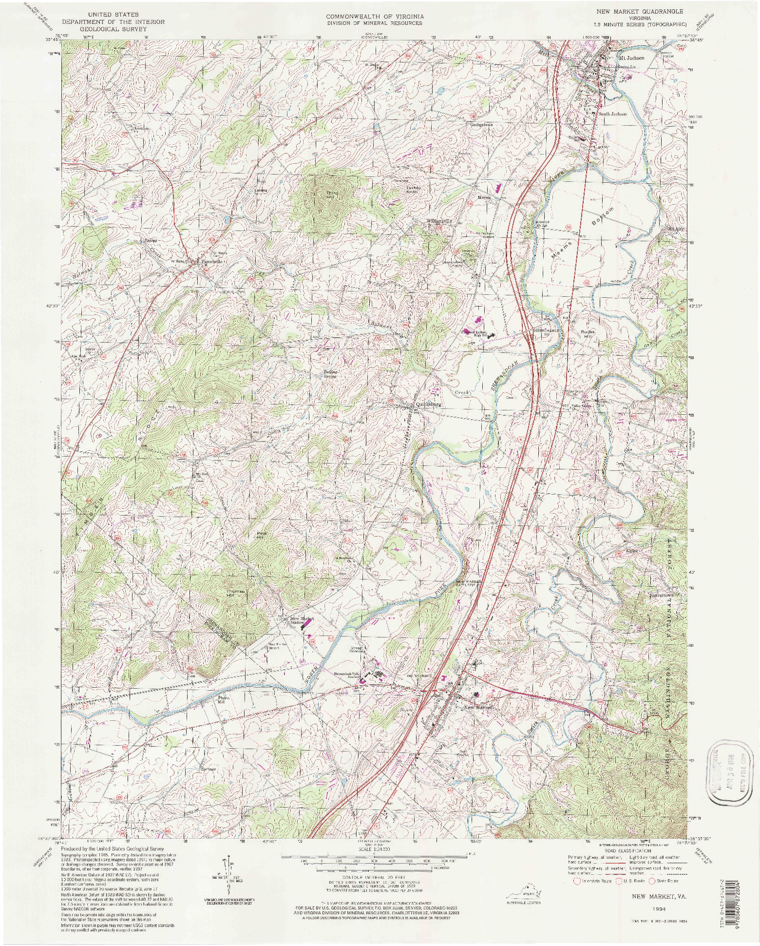 USGS 1:24000-SCALE QUADRANGLE FOR NEW MARKET, VA 1994