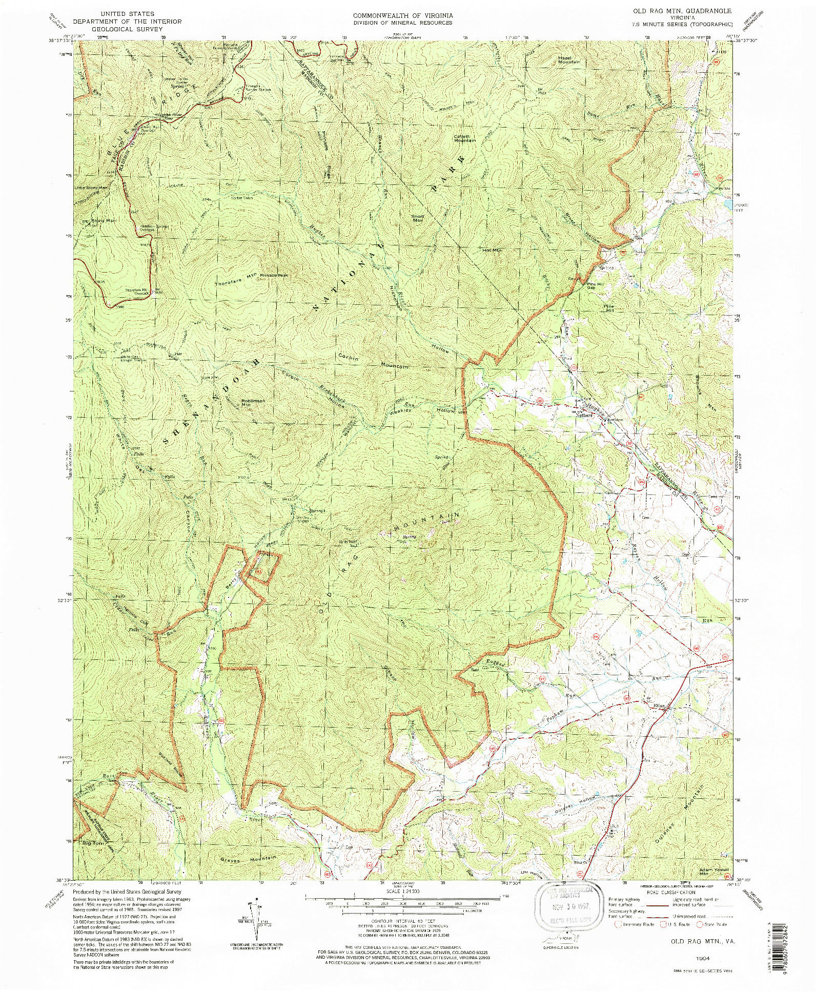 USGS 1:24000-SCALE QUADRANGLE FOR OLD RAG MOUNTAIN, VA 1994
