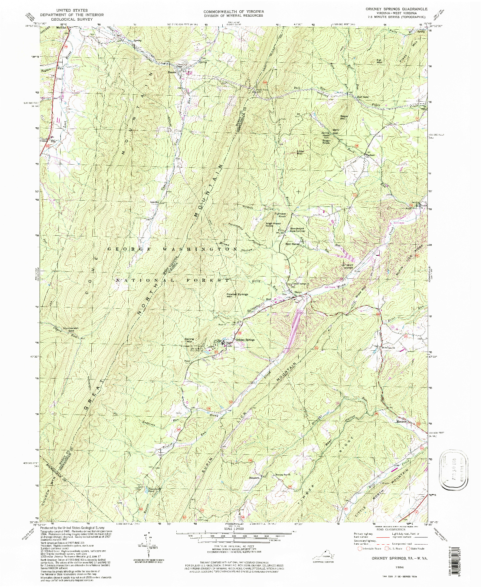 USGS 1:24000-SCALE QUADRANGLE FOR ORKNEY SPRINGS, VA 1994