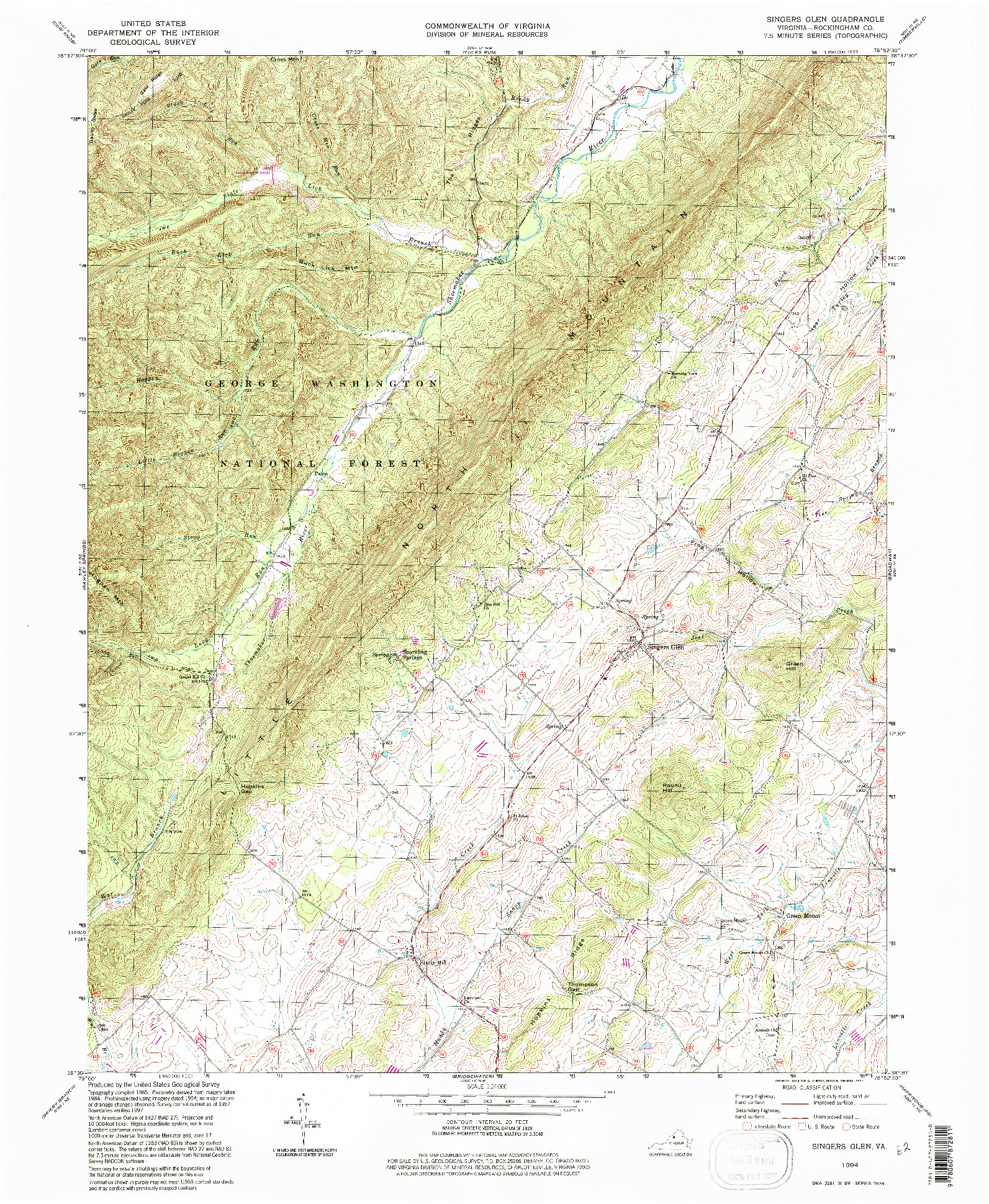 USGS 1:24000-SCALE QUADRANGLE FOR SINGERS GLEN, VA 1994