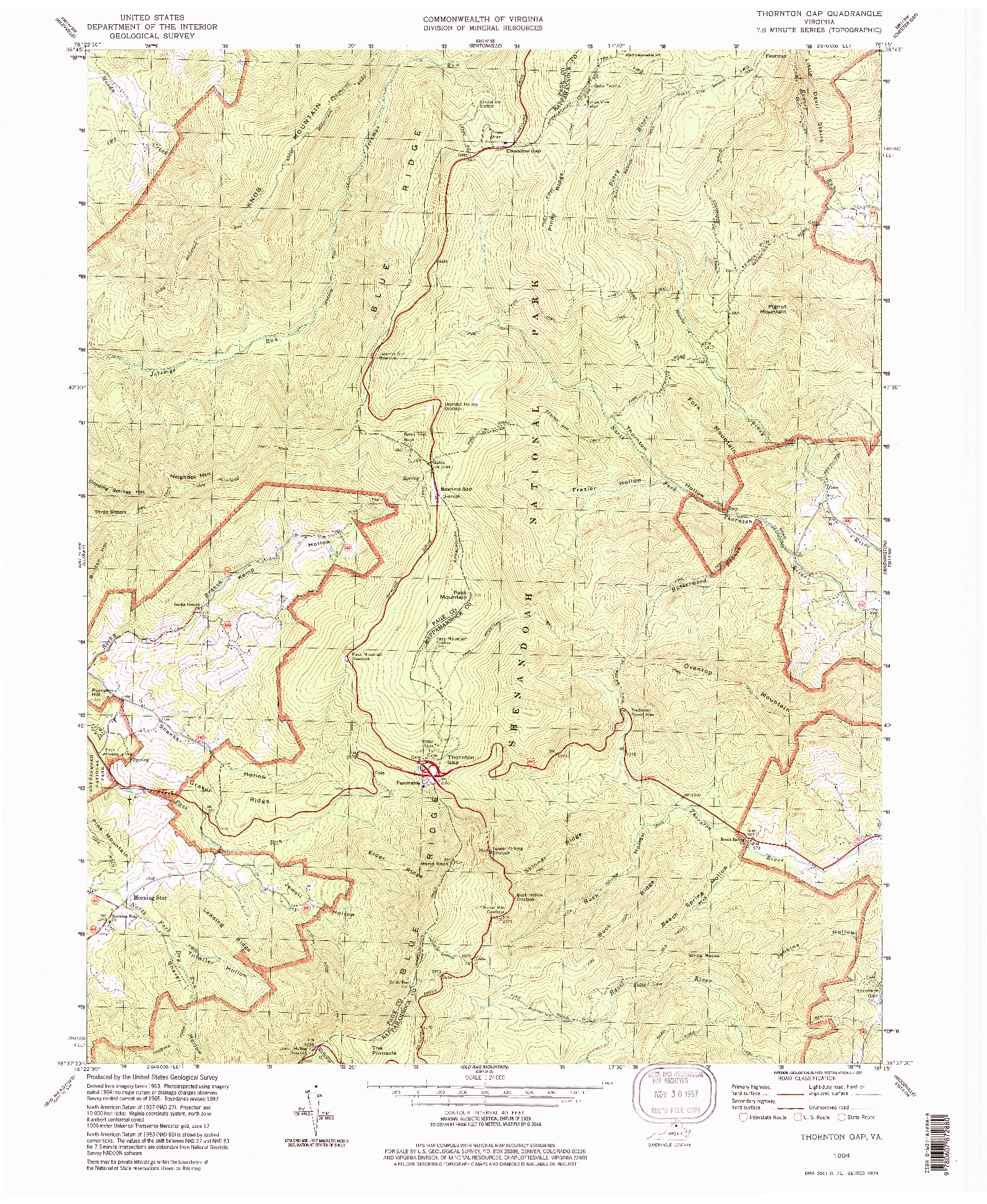 USGS 1:24000-SCALE QUADRANGLE FOR THORNTON GAP, VA 1994