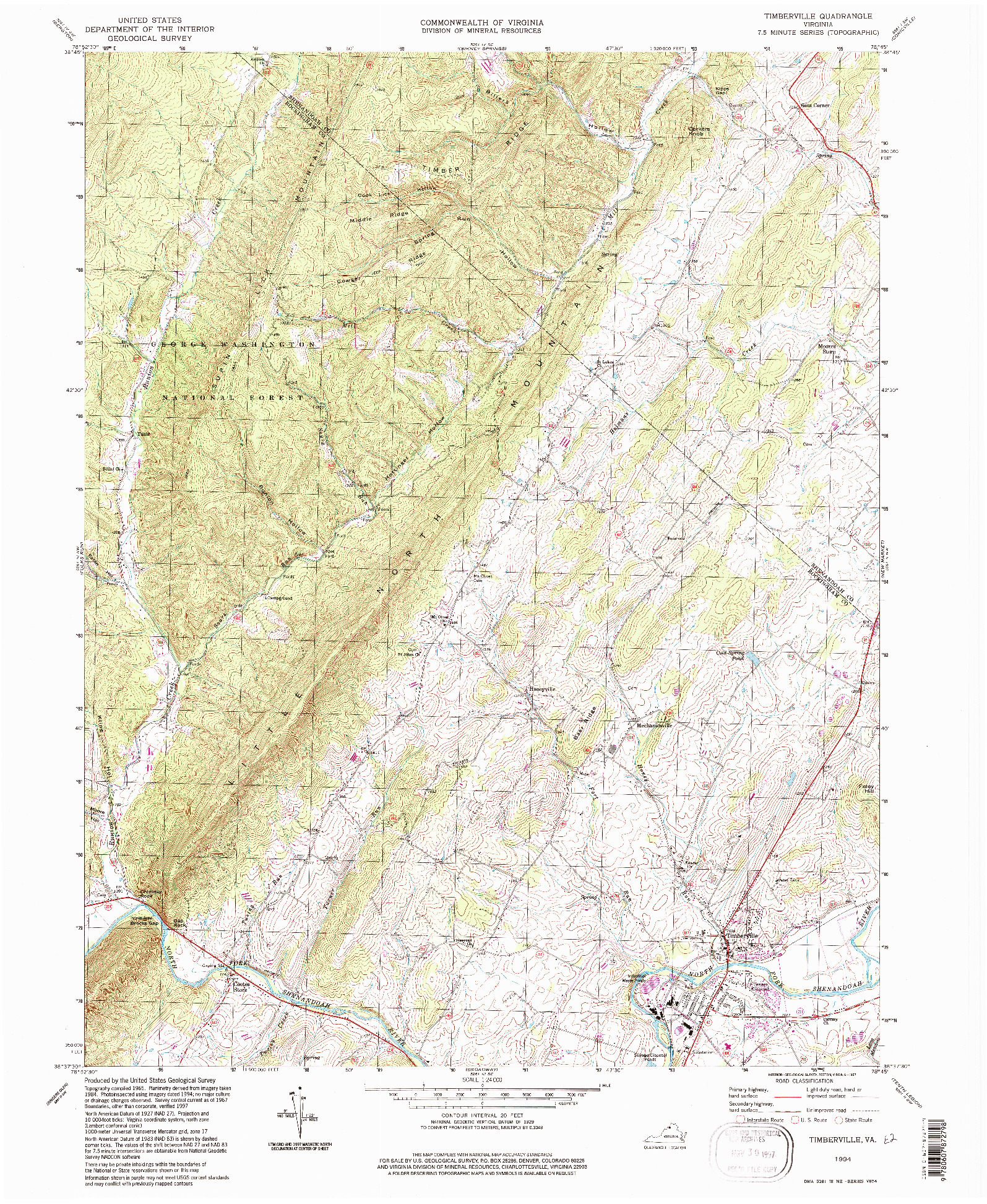 USGS 1:24000-SCALE QUADRANGLE FOR TIMBERVILLE, VA 1994