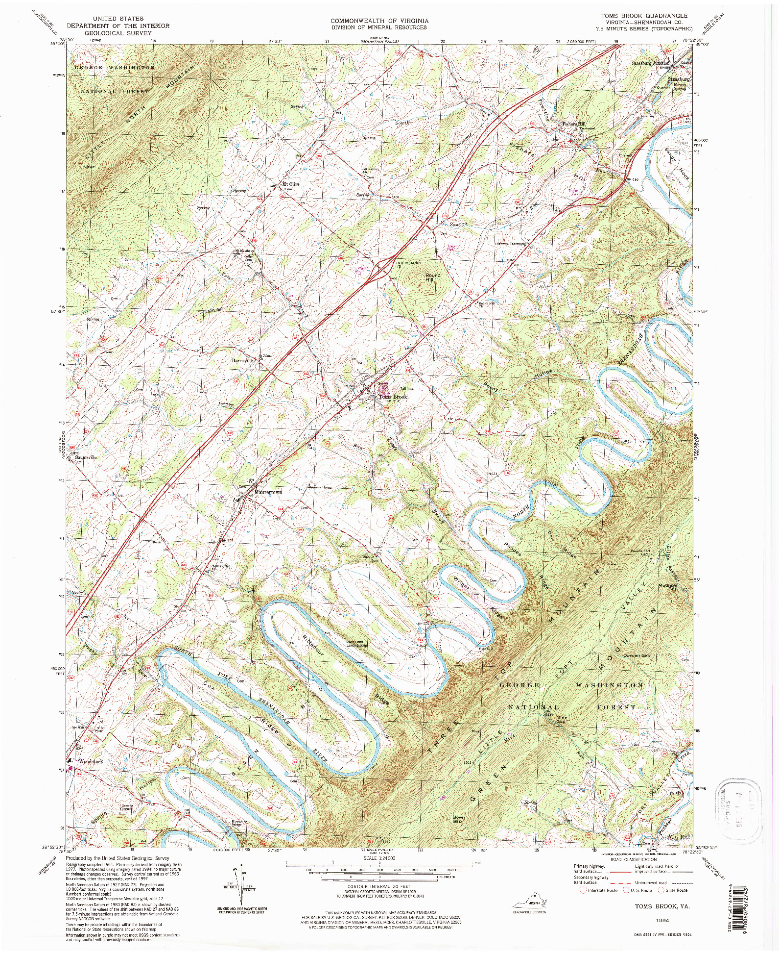 USGS 1:24000-SCALE QUADRANGLE FOR TOMS BROOK, VA 1994