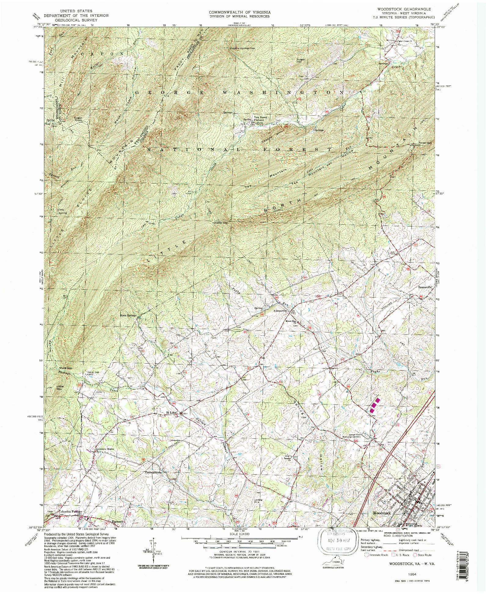 USGS 1:24000-SCALE QUADRANGLE FOR WOODSTOCK, VA 1994