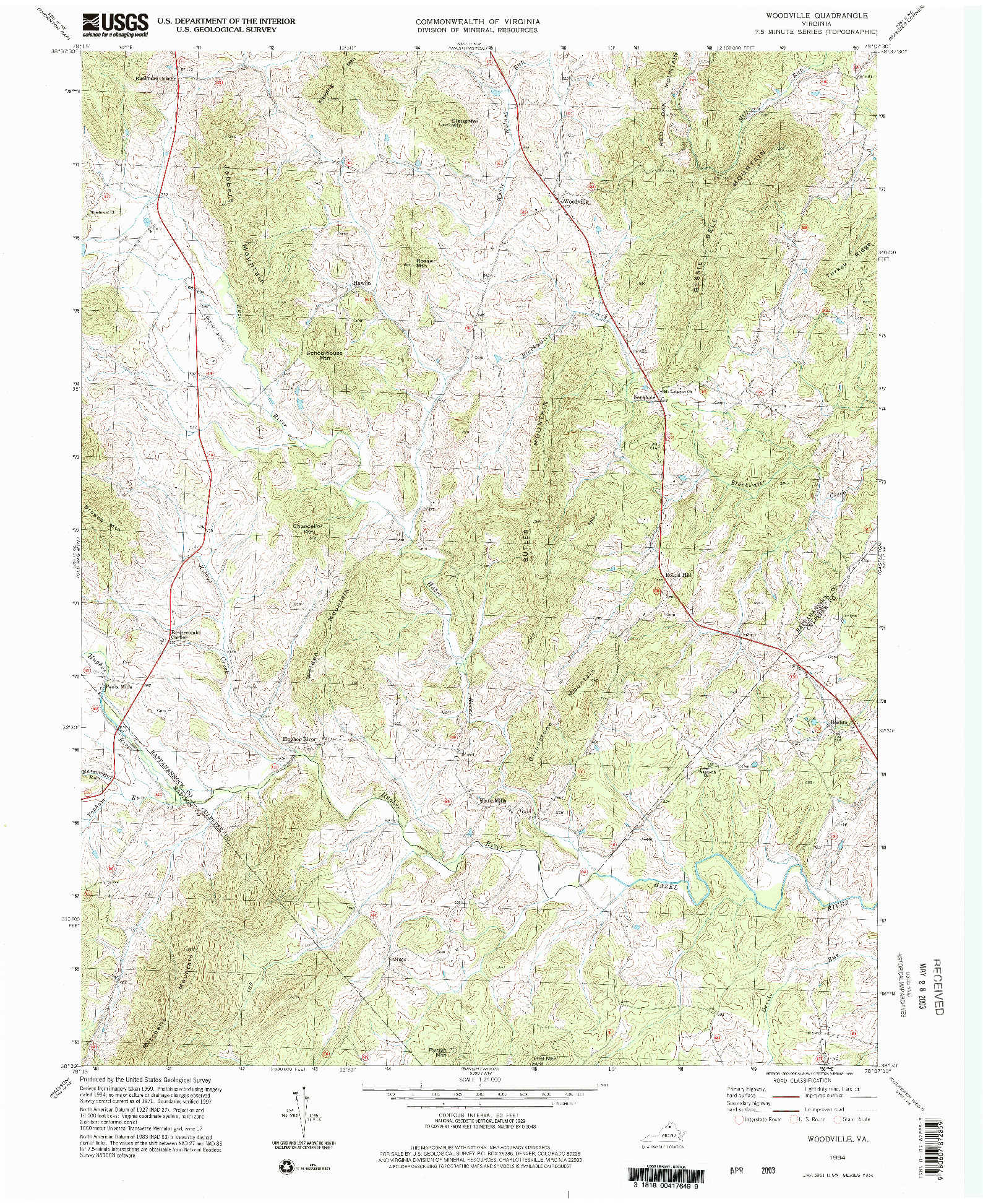 USGS 1:24000-SCALE QUADRANGLE FOR WOODVILLE, VA 1994