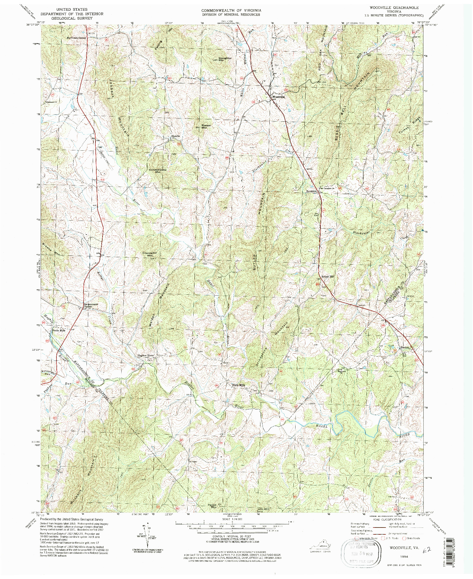 USGS 1:24000-SCALE QUADRANGLE FOR WOODVILLE, VA 1994