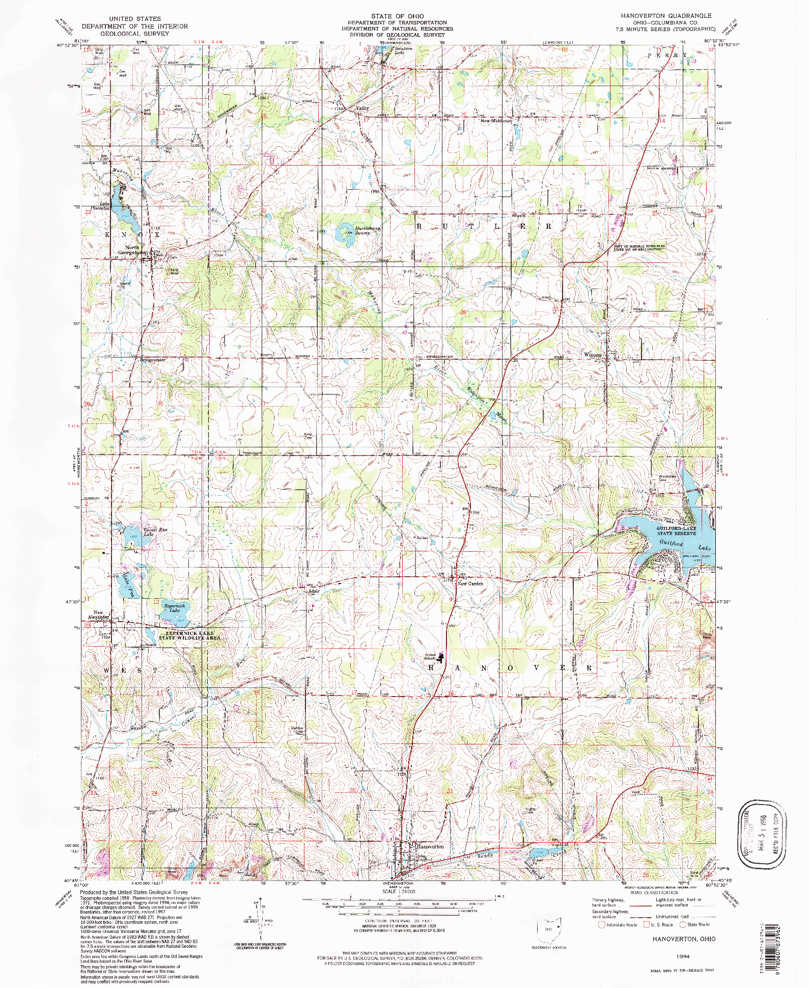 USGS 1:24000-SCALE QUADRANGLE FOR HANOVERTON, OH 1994