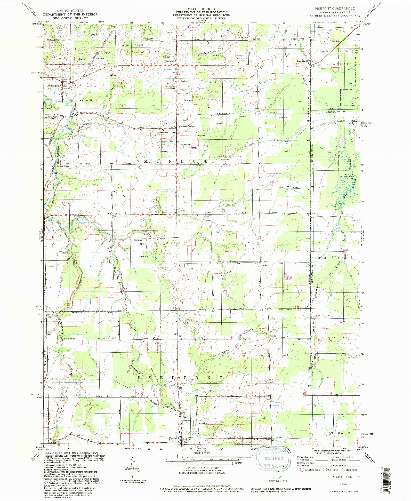 USGS 1:24000-SCALE QUADRANGLE FOR PIERPONT, OH 1994