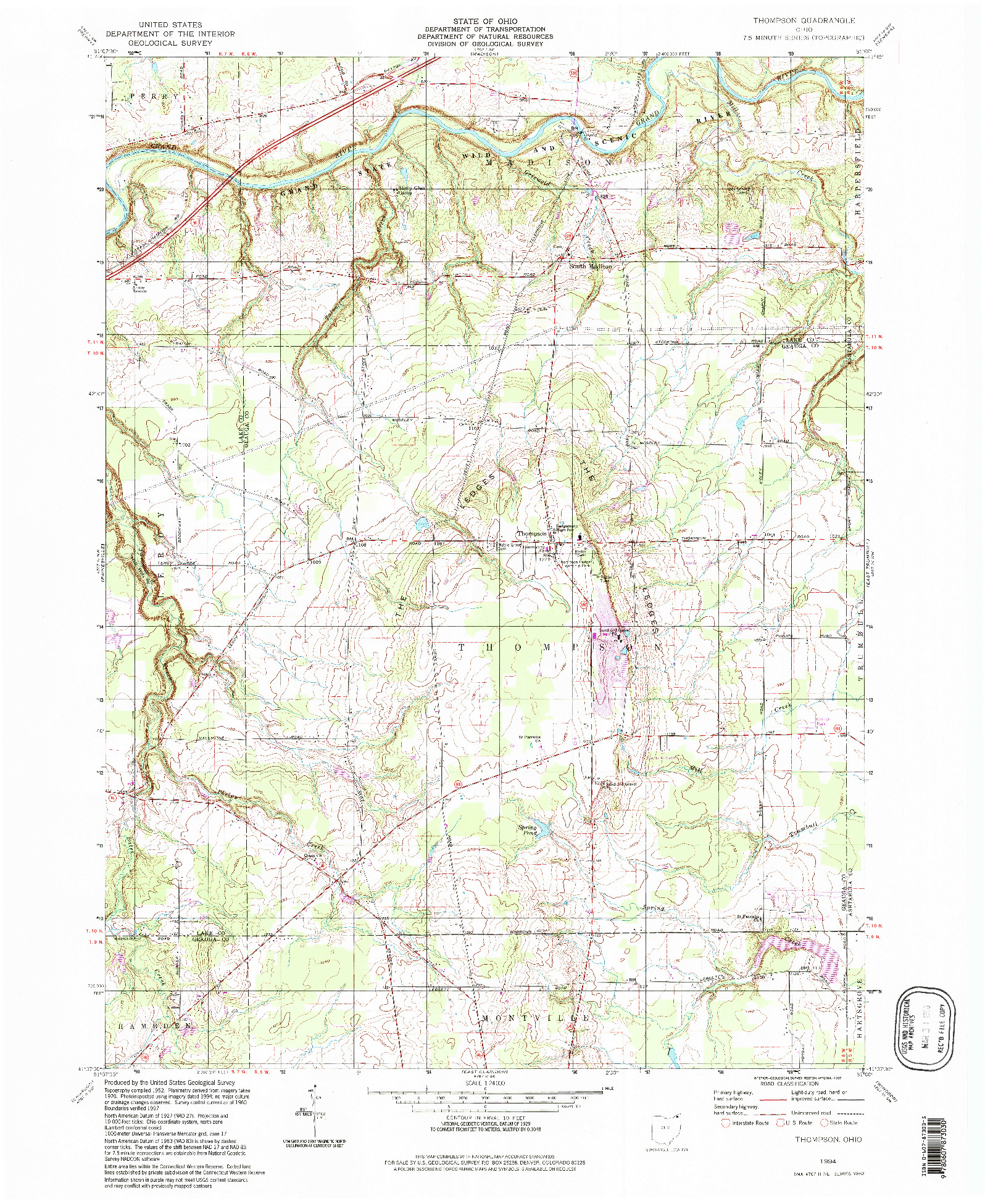 USGS 1:24000-SCALE QUADRANGLE FOR THOMPSON, OH 1994