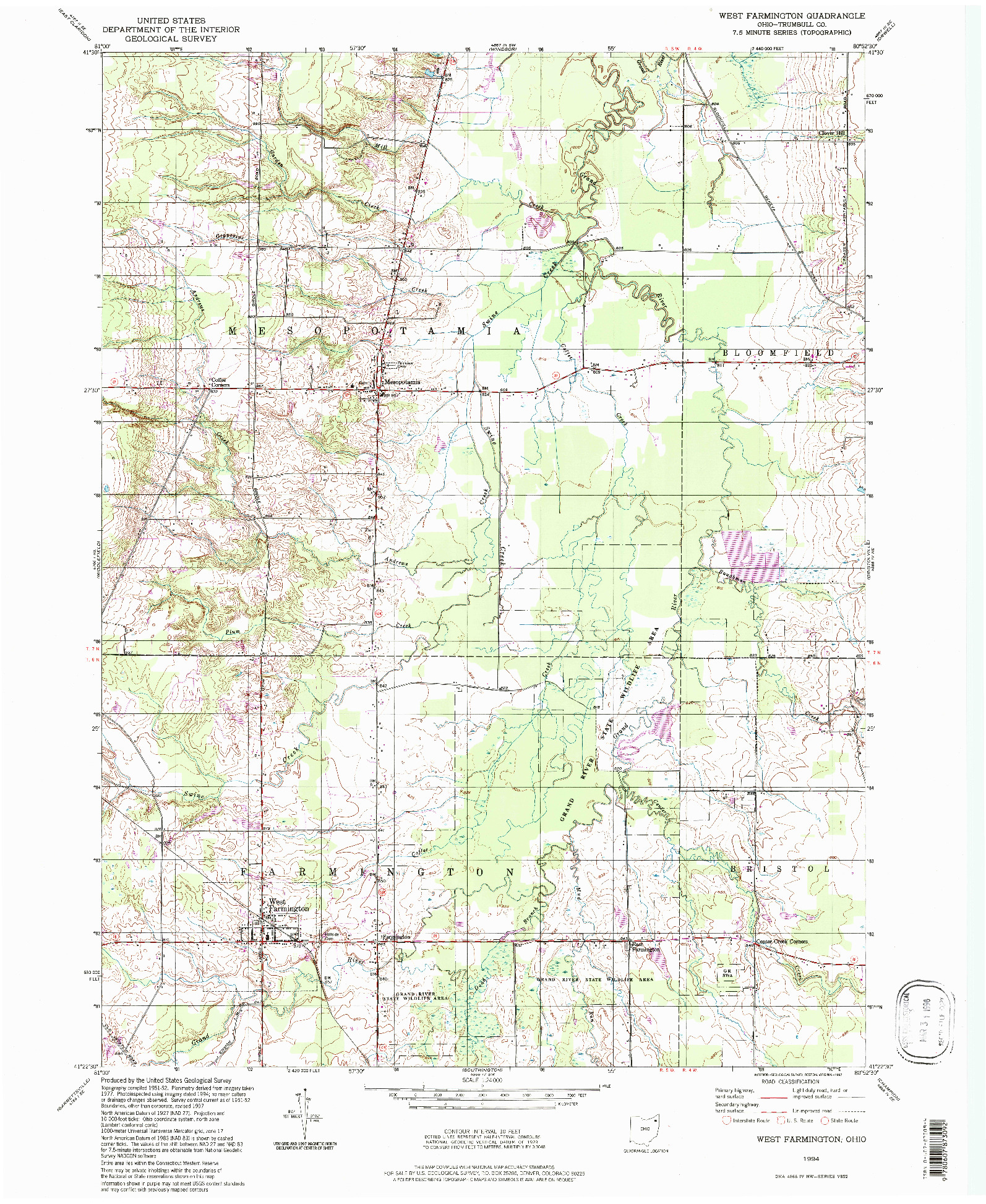 USGS 1:24000-SCALE QUADRANGLE FOR WEST FARMINGTON, OH 1994