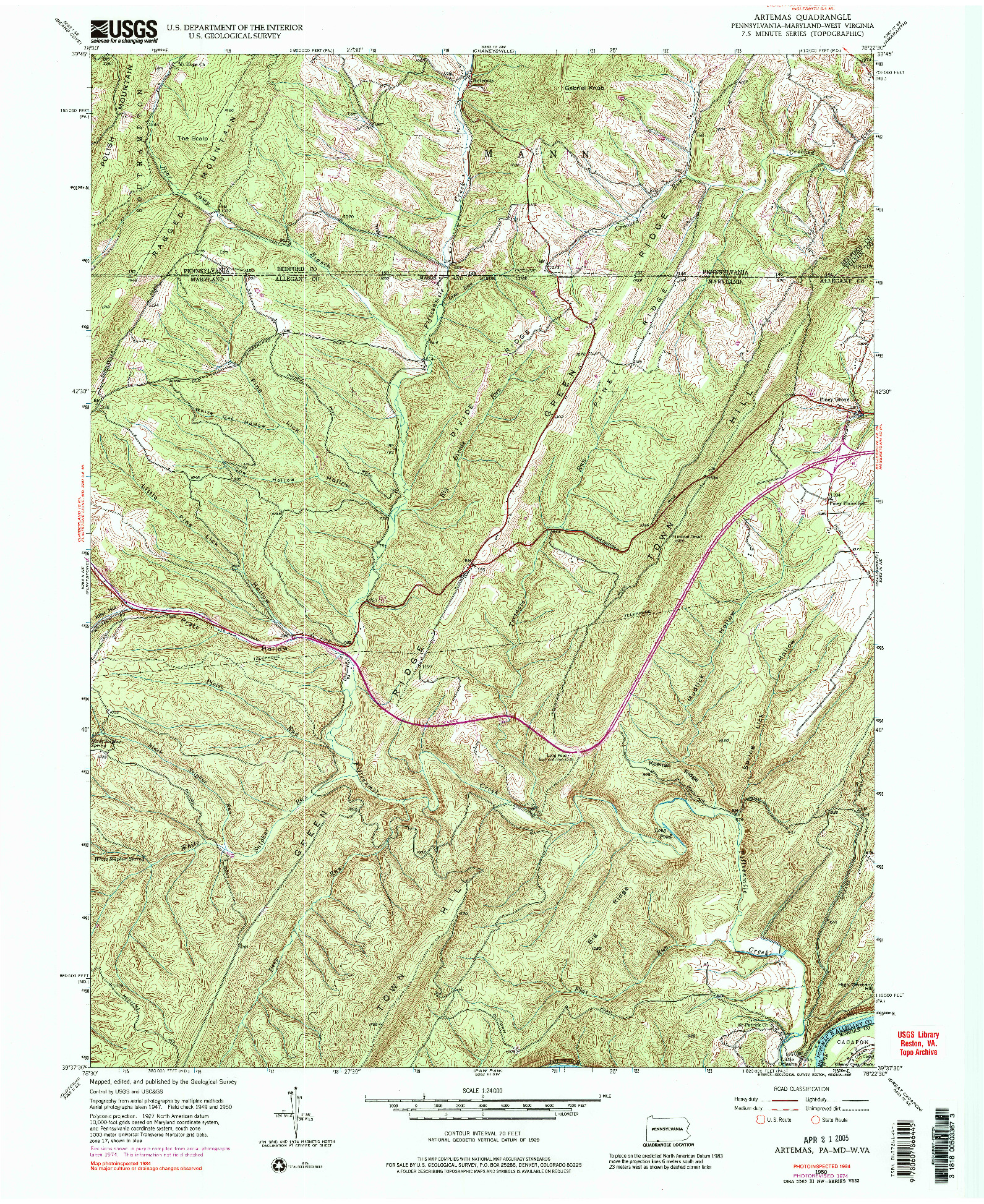 USGS 1:24000-SCALE QUADRANGLE FOR ARTEMAS, PA 1950