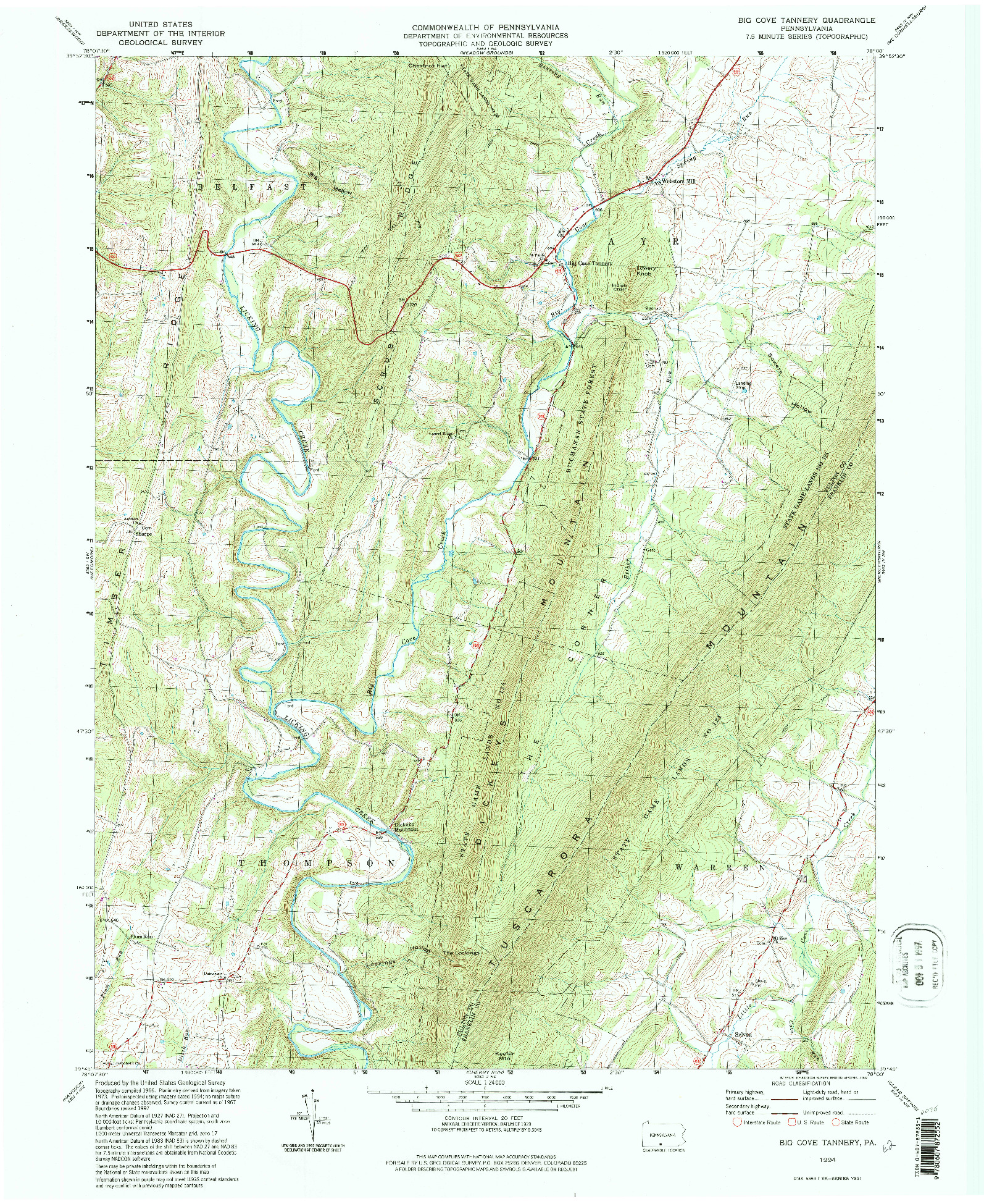 USGS 1:24000-SCALE QUADRANGLE FOR BIG COVE TANNERY, PA 1994