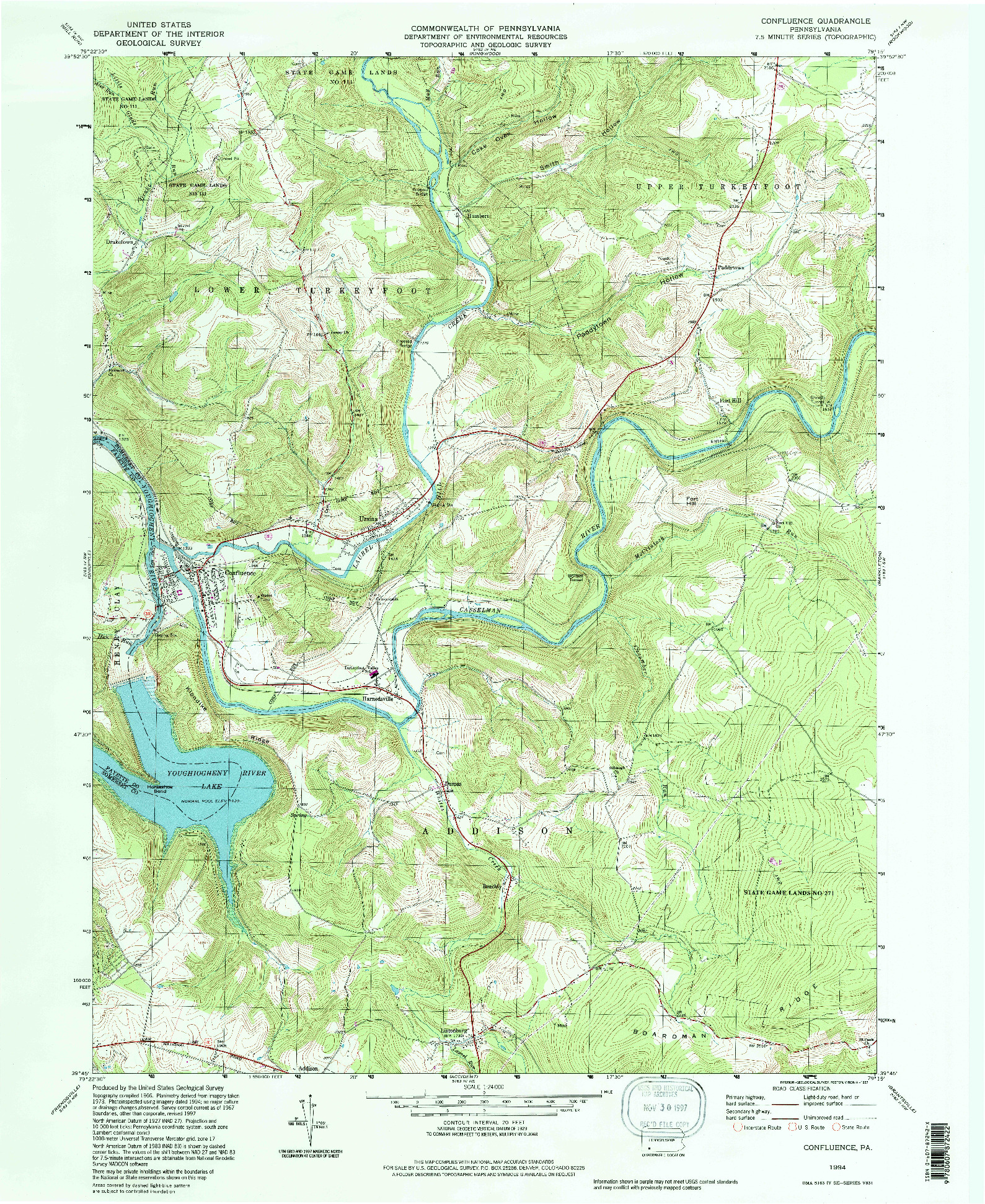 USGS 1:24000-SCALE QUADRANGLE FOR CONFLUENCE, PA 1994