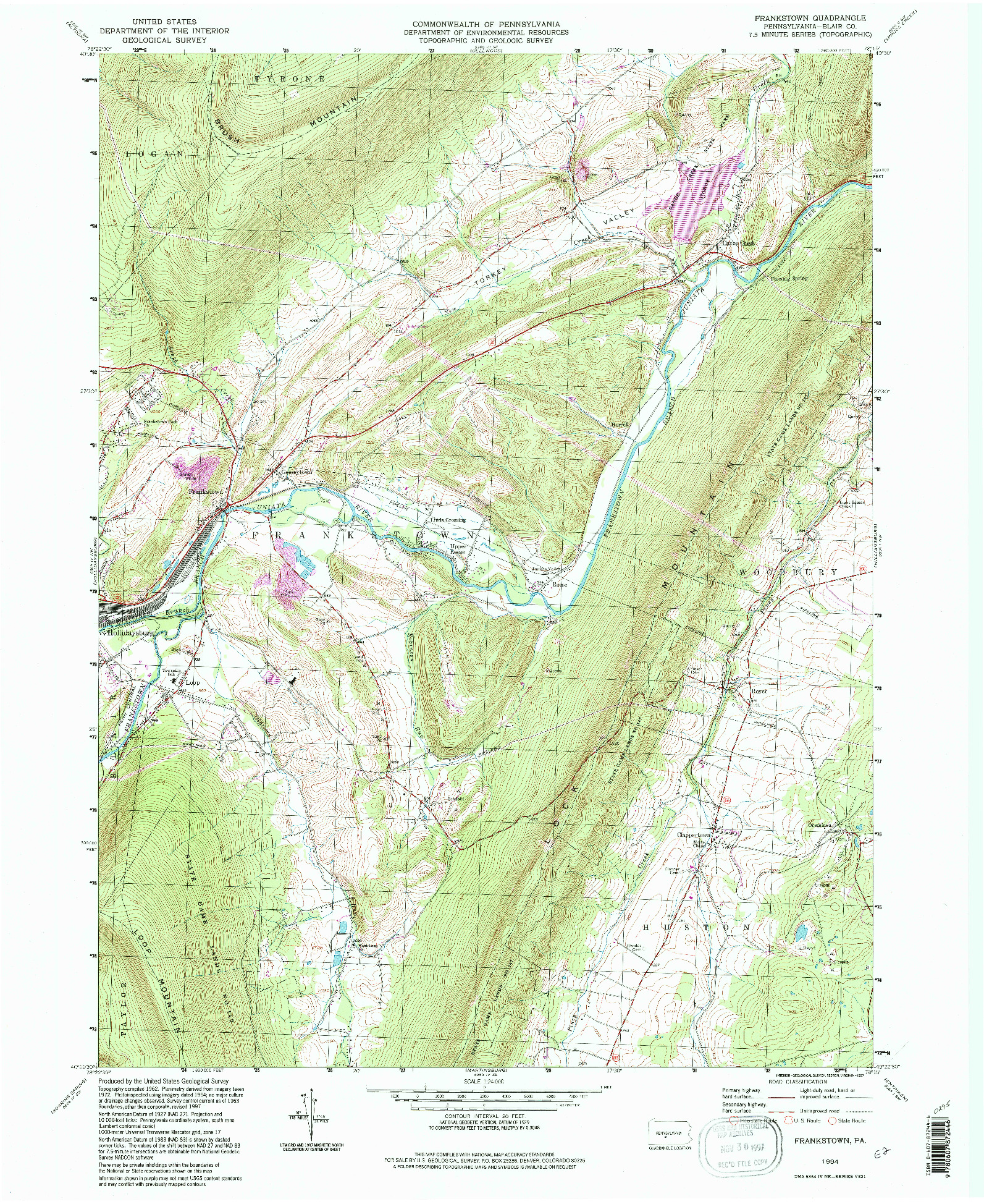 USGS 1:24000-SCALE QUADRANGLE FOR FRANKSTOWN, PA 1994