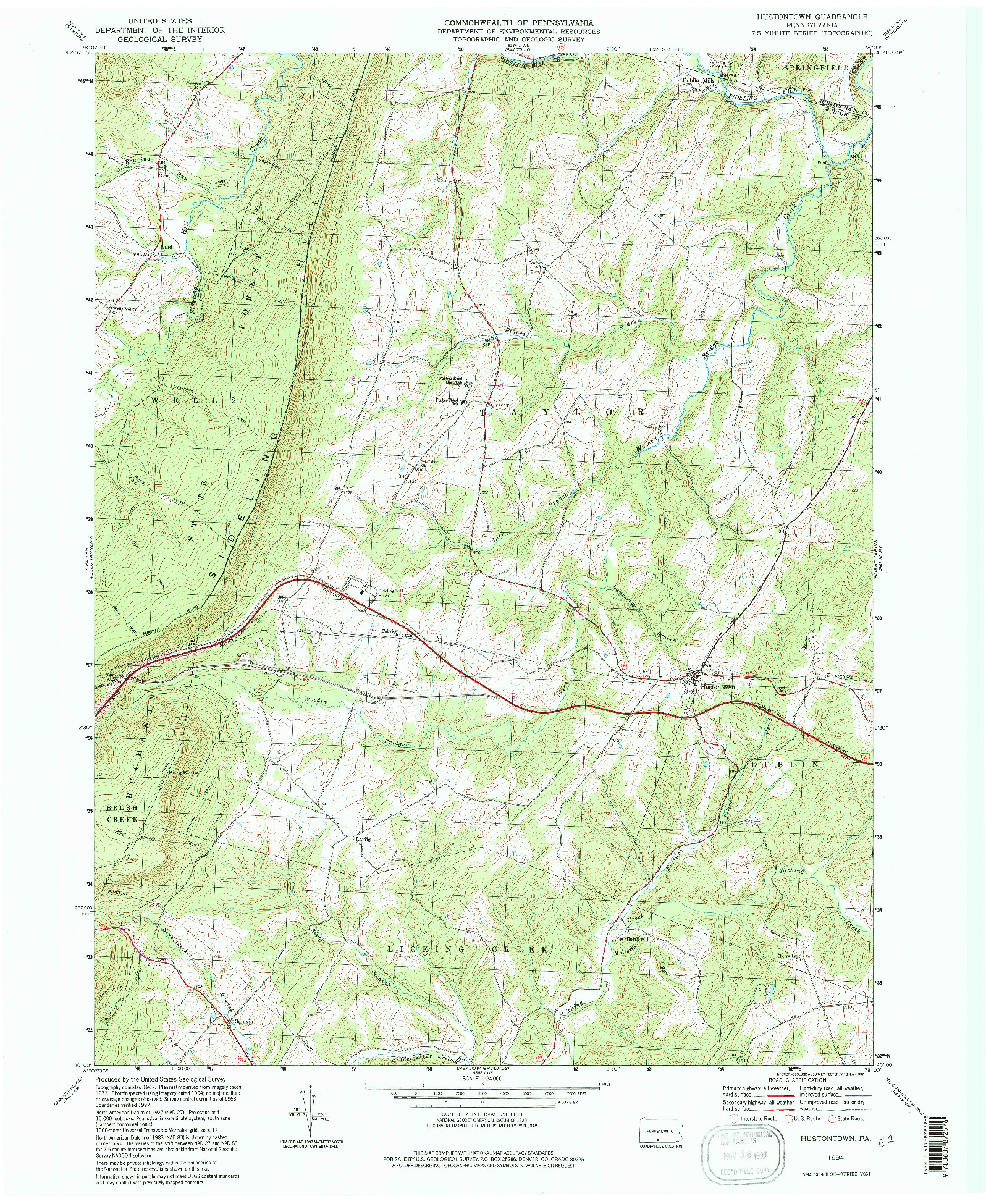 USGS 1:24000-SCALE QUADRANGLE FOR HUSTONTOWN, PA 1994