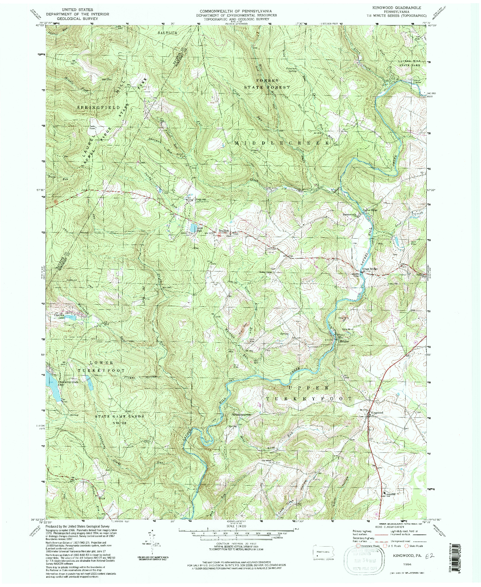 USGS 1:24000-SCALE QUADRANGLE FOR KINGWOOD, PA 1994