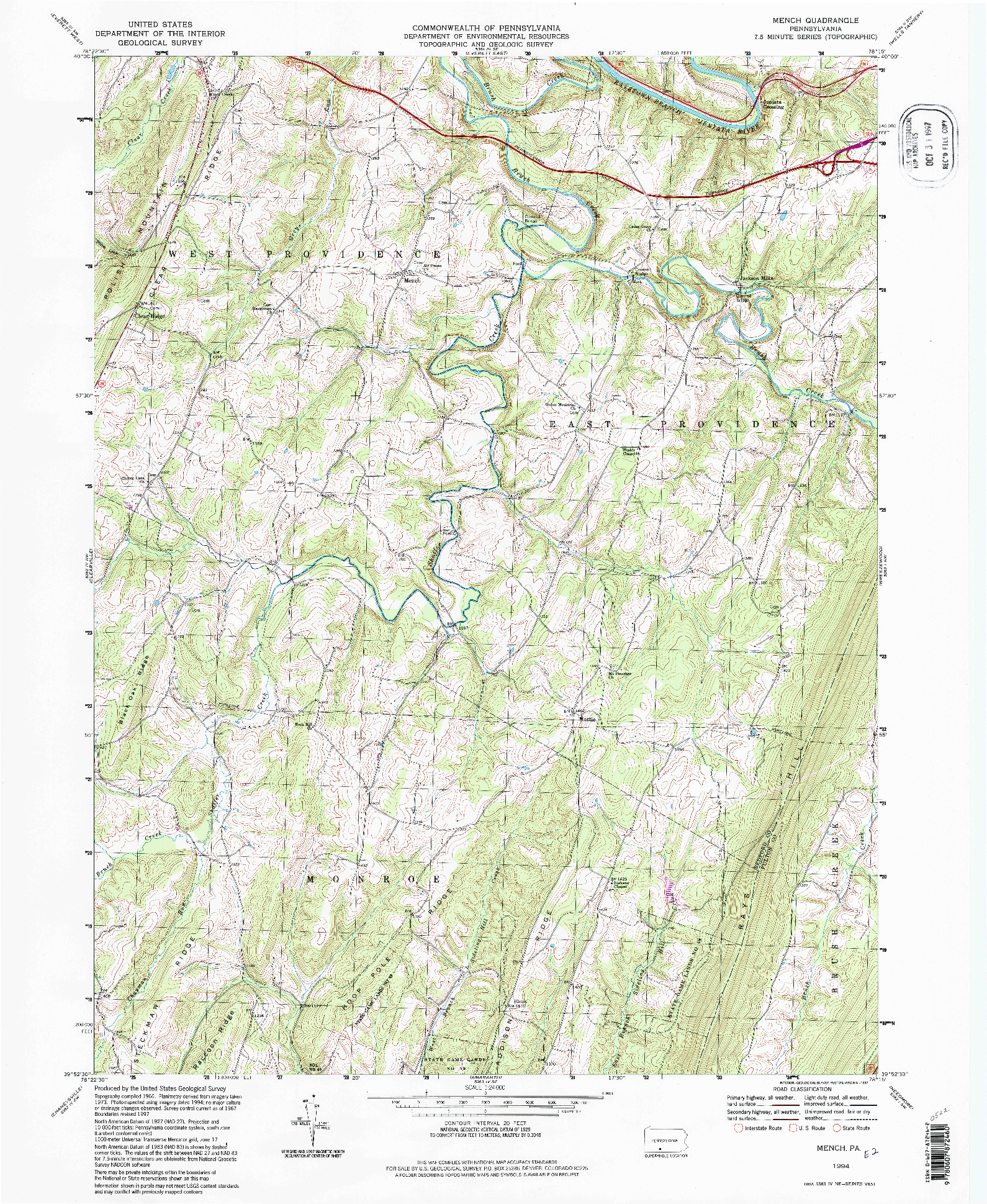 USGS 1:24000-SCALE QUADRANGLE FOR MENCH, PA 1994