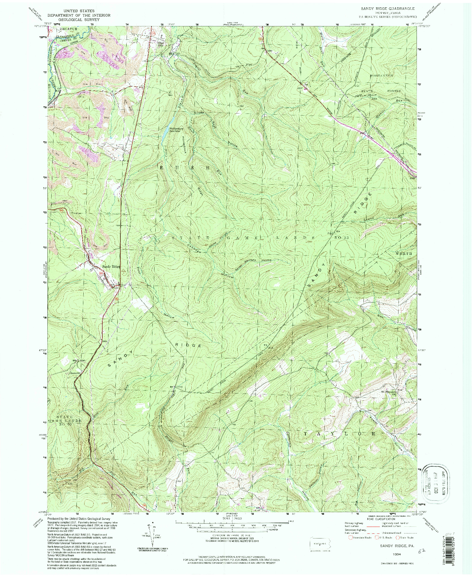 USGS 1:24000-SCALE QUADRANGLE FOR SANDY RIDGE, PA 1994