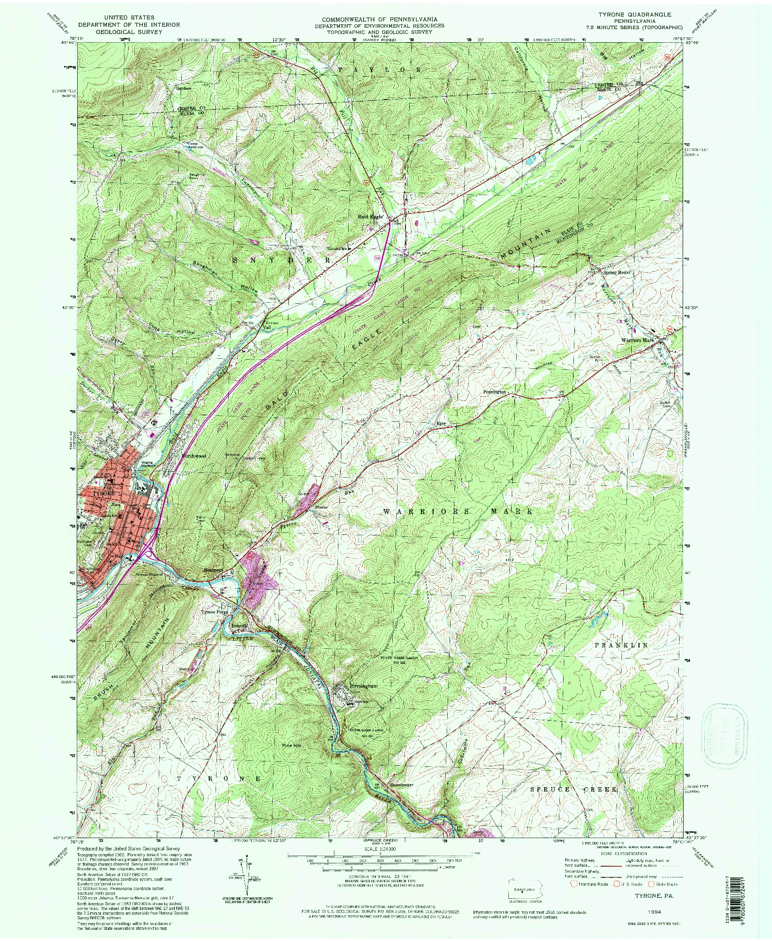 USGS 1:24000-SCALE QUADRANGLE FOR TYRONE, PA 1994
