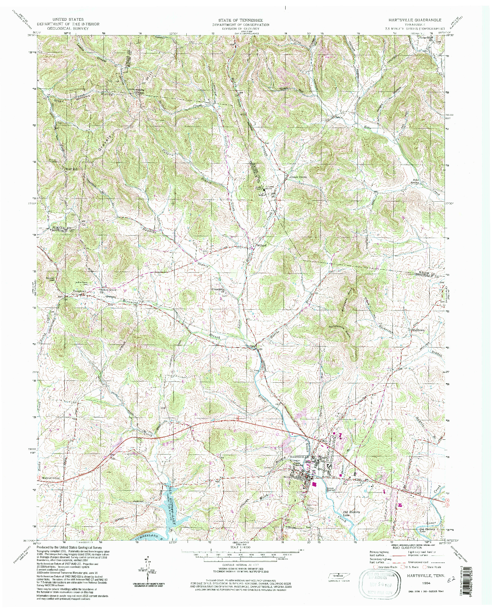 USGS 1:24000-SCALE QUADRANGLE FOR HARTSVILLE, TN 1994