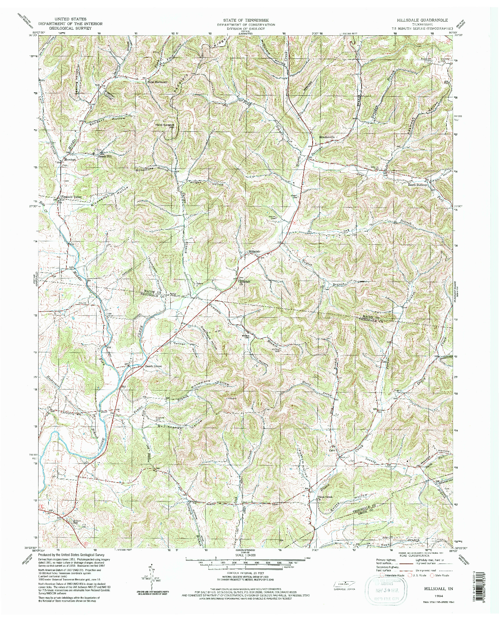 USGS 1:24000-SCALE QUADRANGLE FOR HILLSDALE, TN 1994