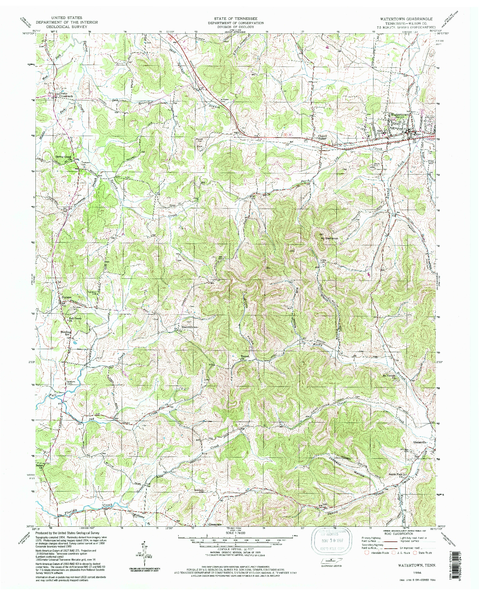 USGS 1:24000-SCALE QUADRANGLE FOR WATERTOWN, TN 1994