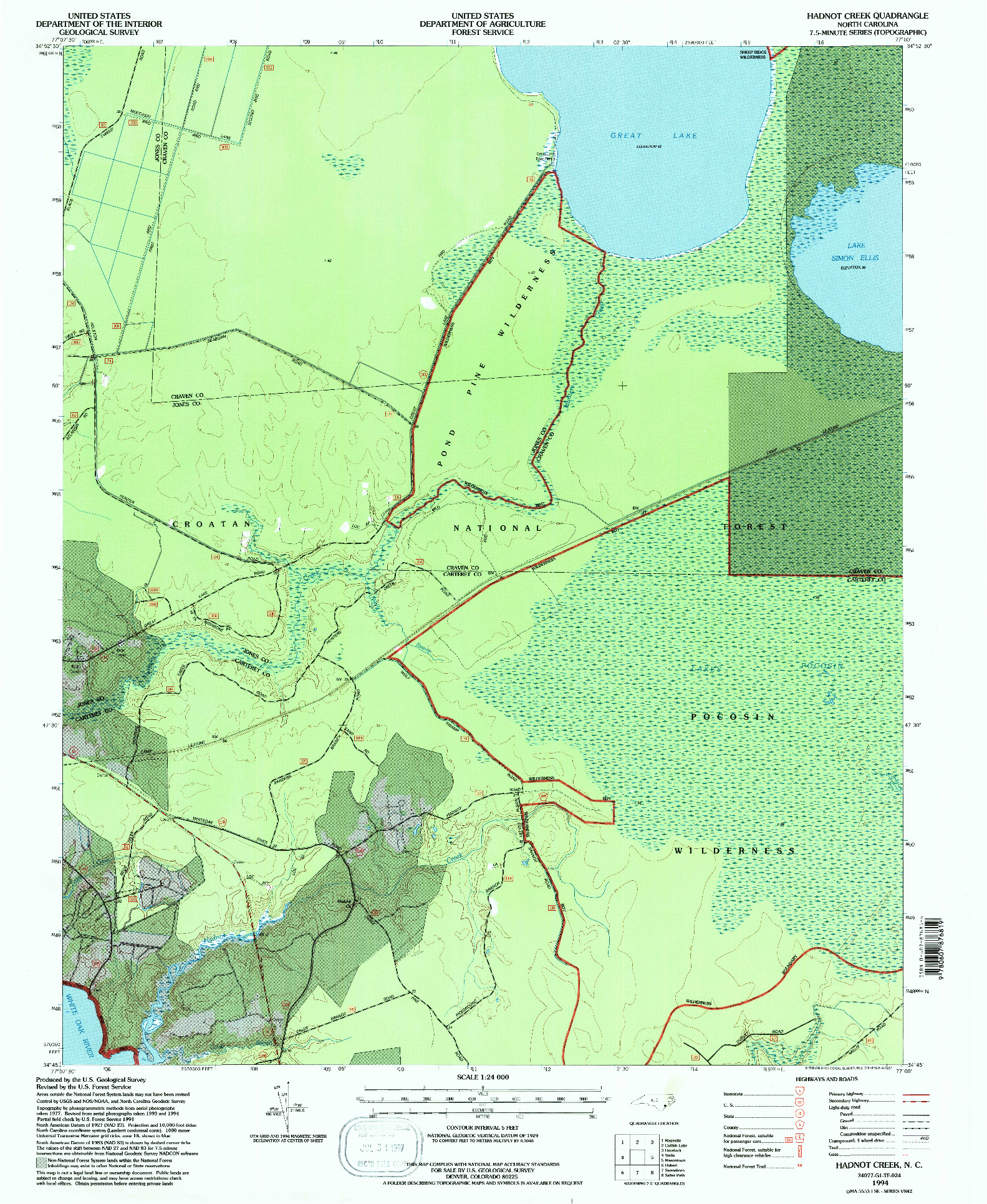 USGS 1:24000-SCALE QUADRANGLE FOR HADNOT CREEK, NC 1994