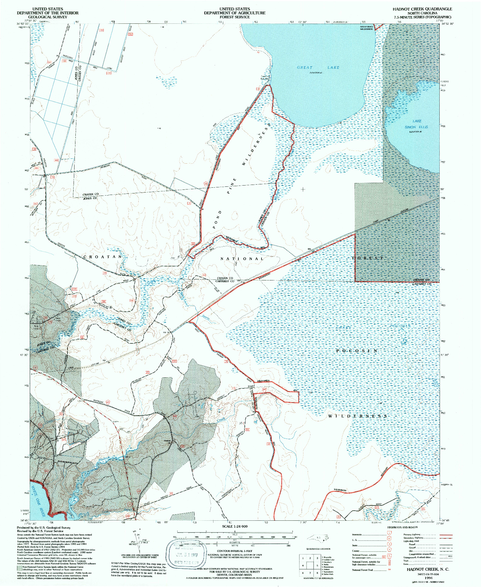USGS 1:24000-SCALE QUADRANGLE FOR HADNOT CREEK, NC 1994