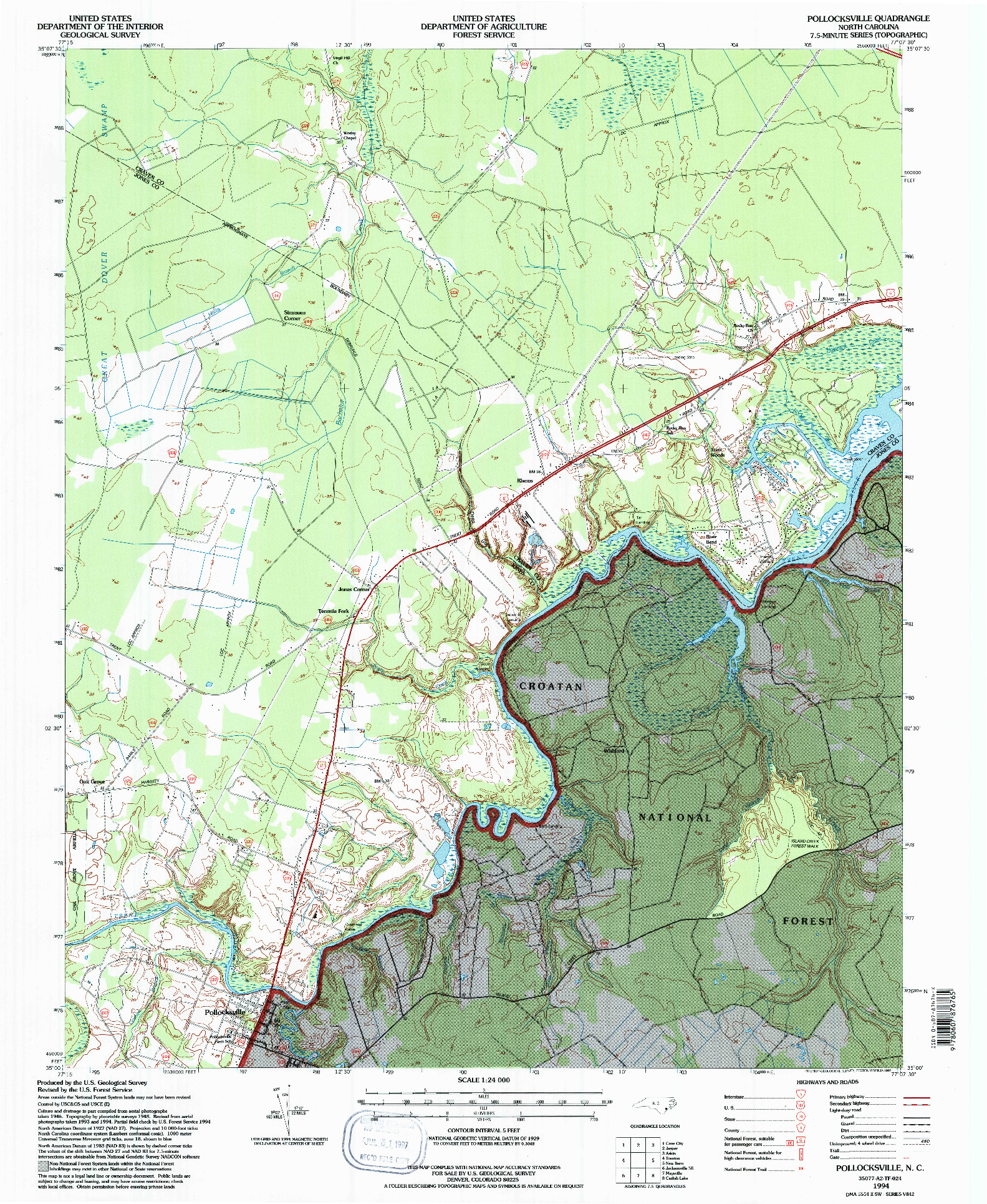 USGS 1:24000-SCALE QUADRANGLE FOR POLLOCKSVILLE, NC 1994